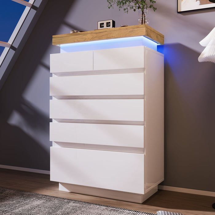 Chest of Drawers, 6-Drawer LED High-Gloss Sideboard, White