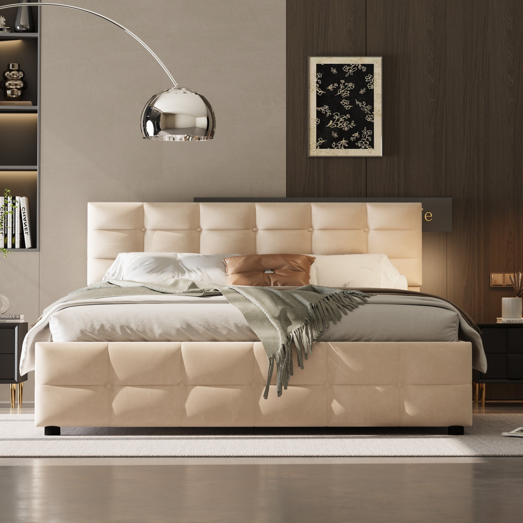 Upholstered Bed 180x200cm Slatted Frame Hydraulic Single Bed, Dutch Velvet Beige