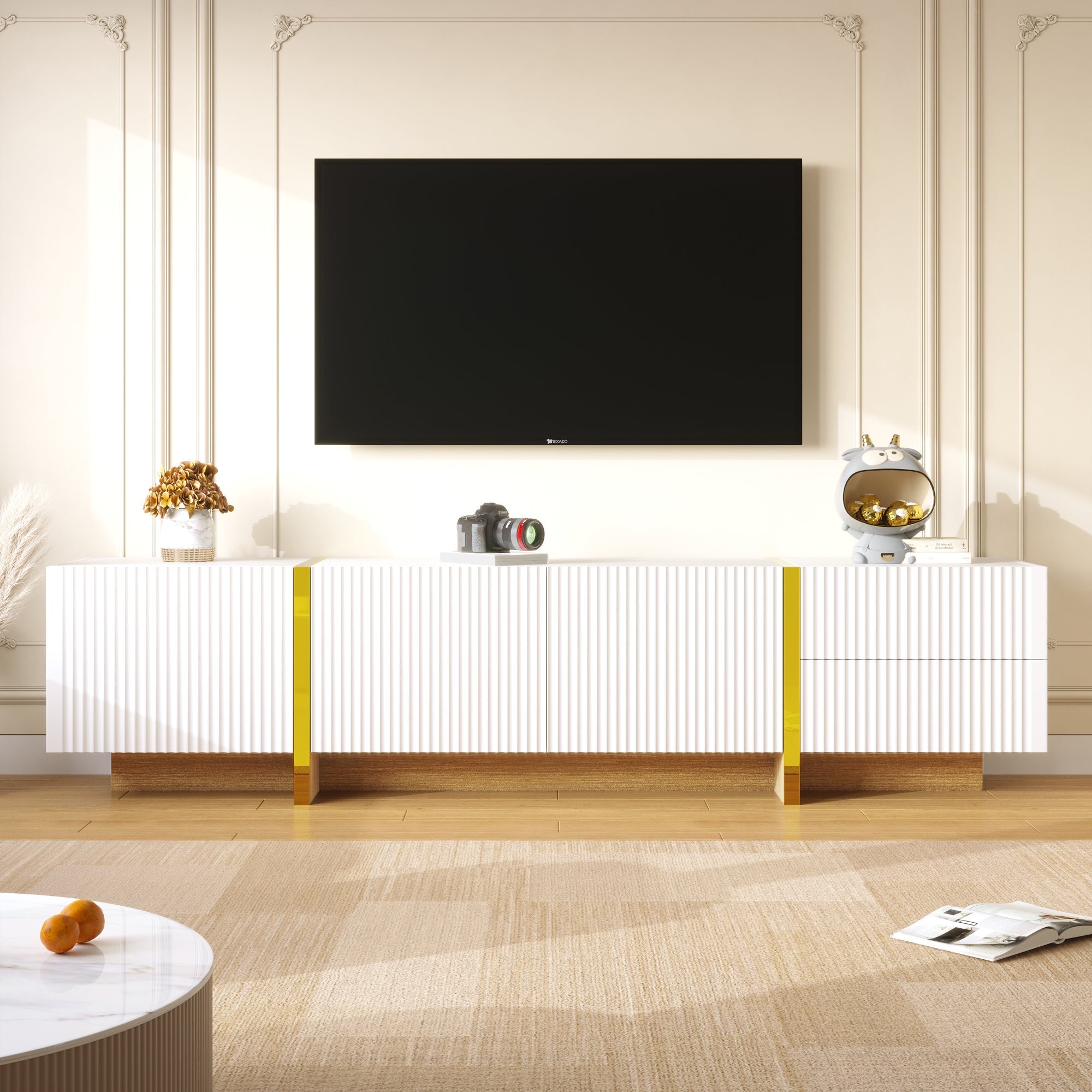 TV Cabinet, 190cm 3 Doors 2 Drawers, White with Gold & Wood Grain