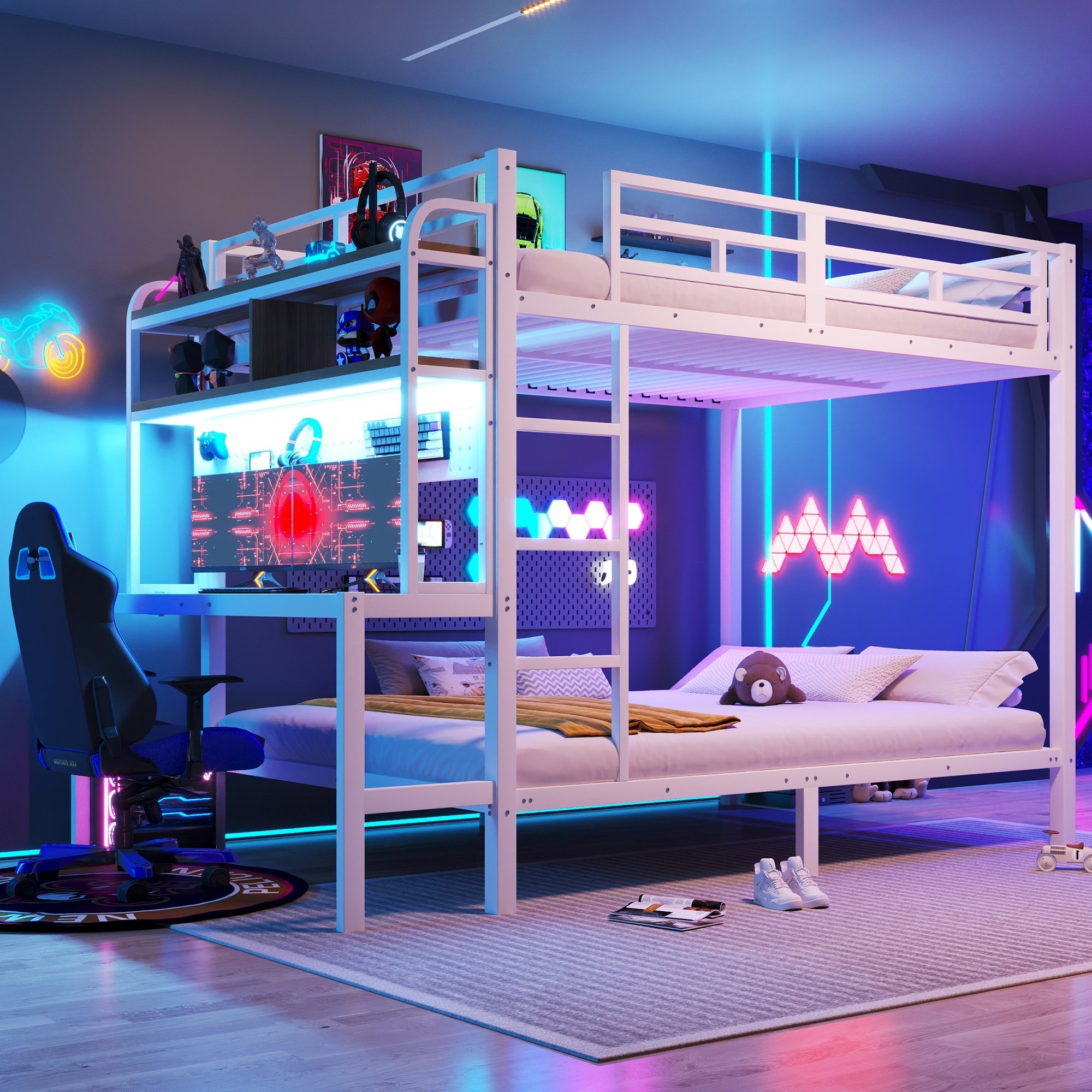 Bunk Bed 140x200cm Iron Frame Desk Storage LED Light USB White