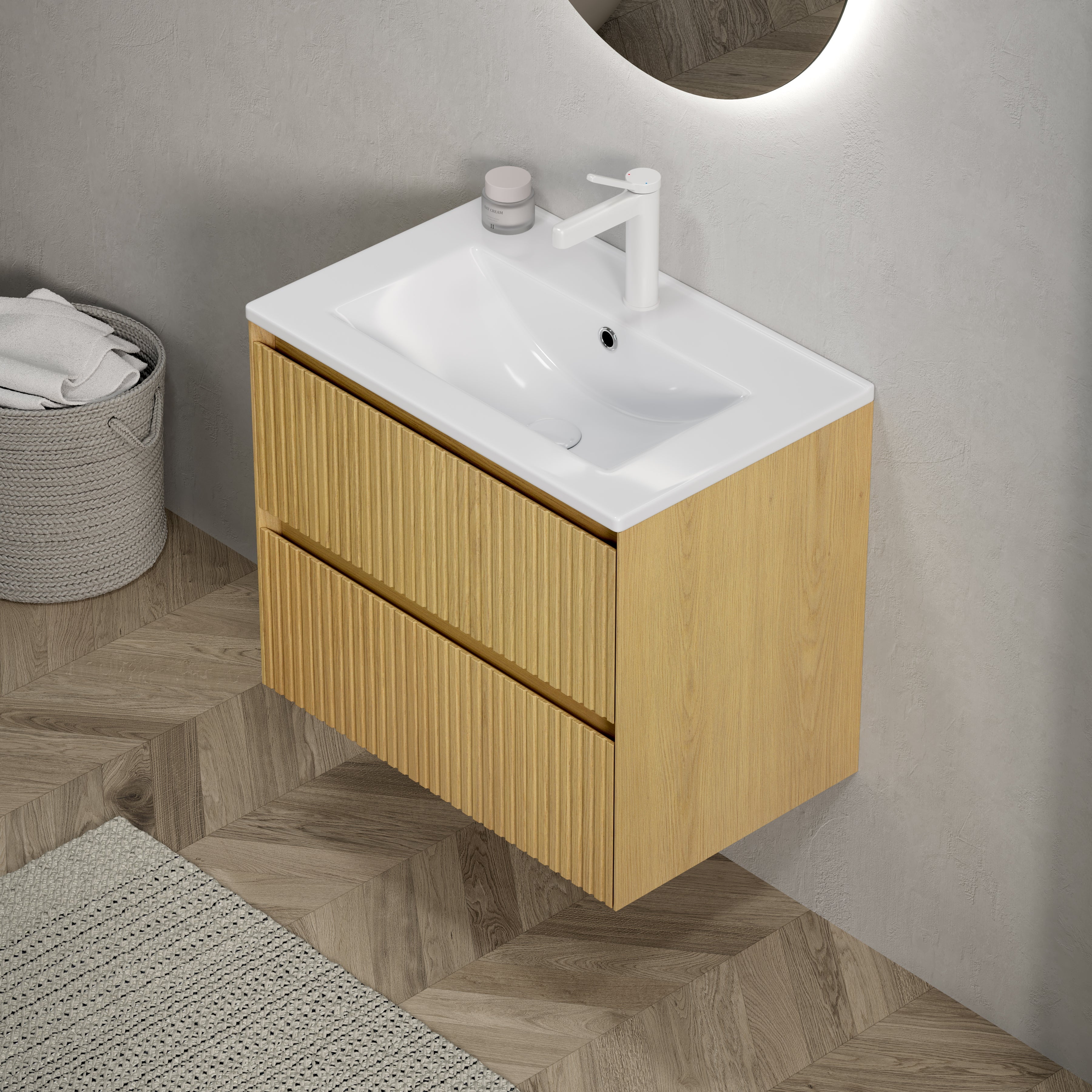 Wall-mounted Bathroom Vanity Unit with Ceramic Sink and 2 Drawers, Collora Wood Grain