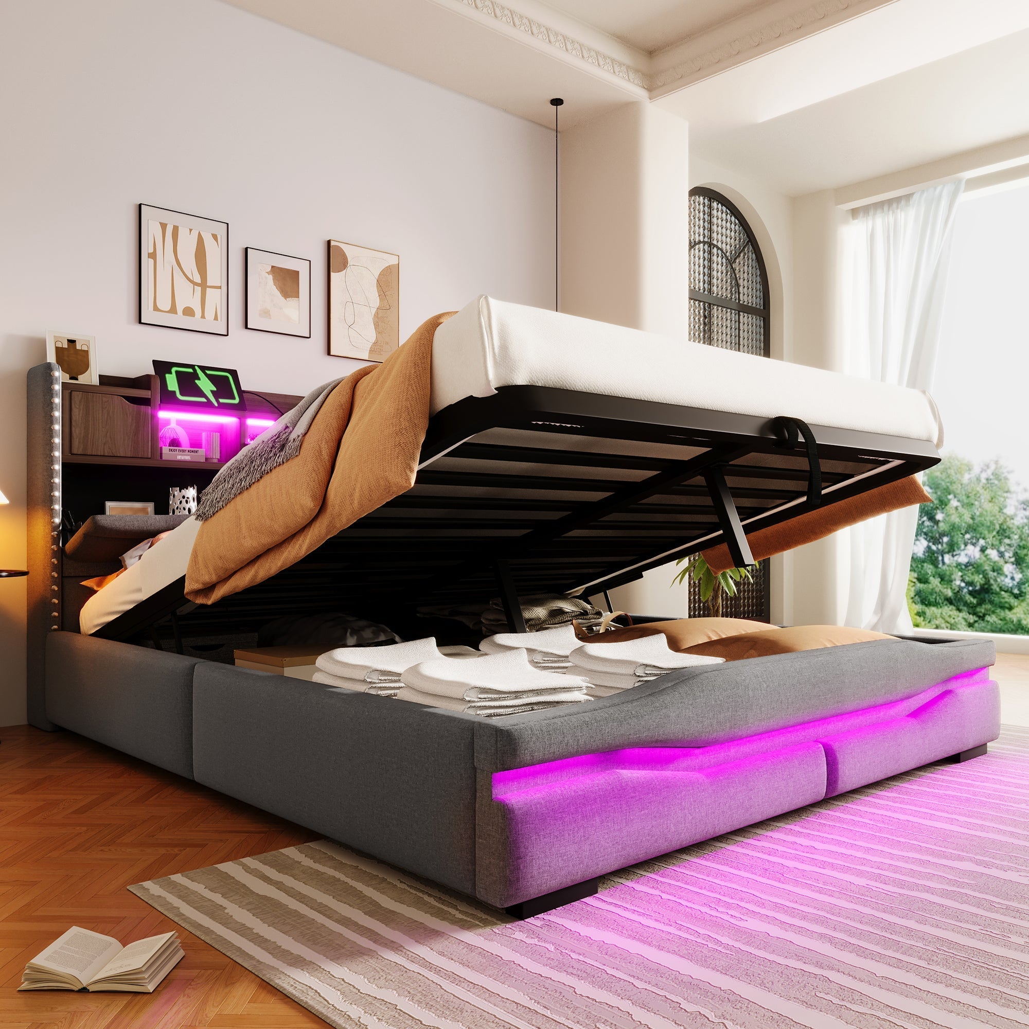 Upholstered Bed 160x200cm Hydraulic Storage LED USB-C Headboard Grey