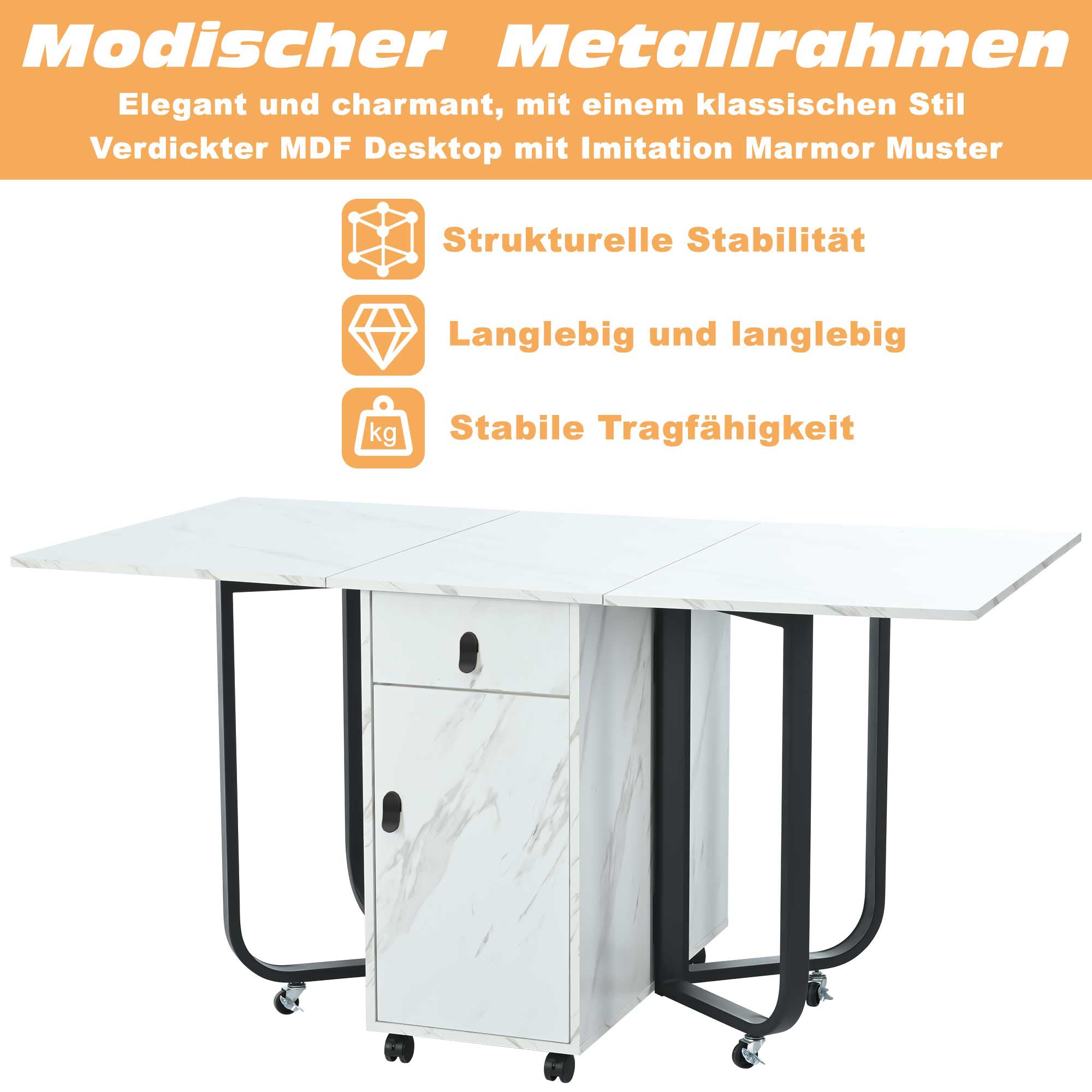 Folding Dining Table, Space-Saving with Cabinet and 2 Drawers, White/Black