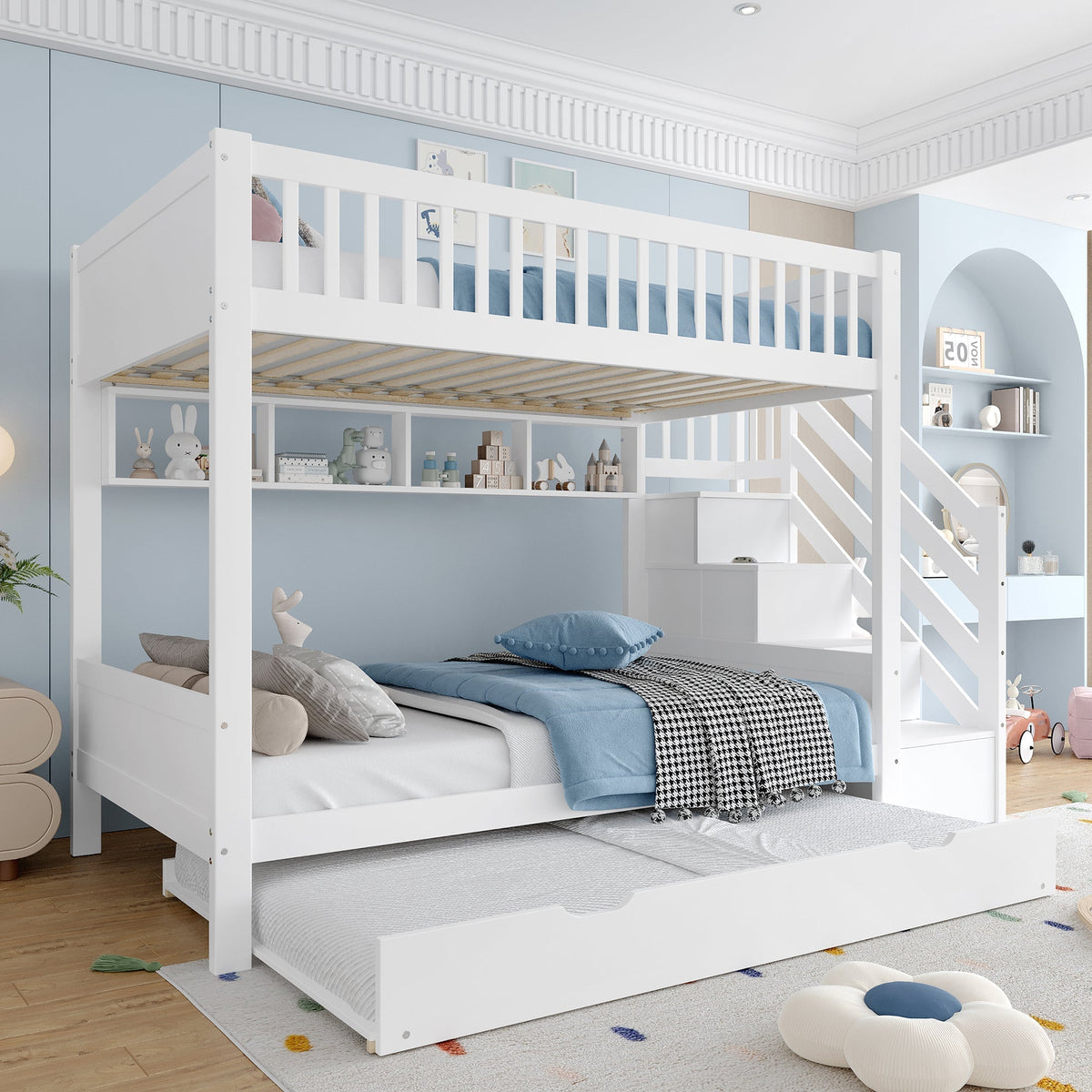 Bunk Bed 90x200cm Pull-out Bed with Shelf, Wardrobe & Storage - White