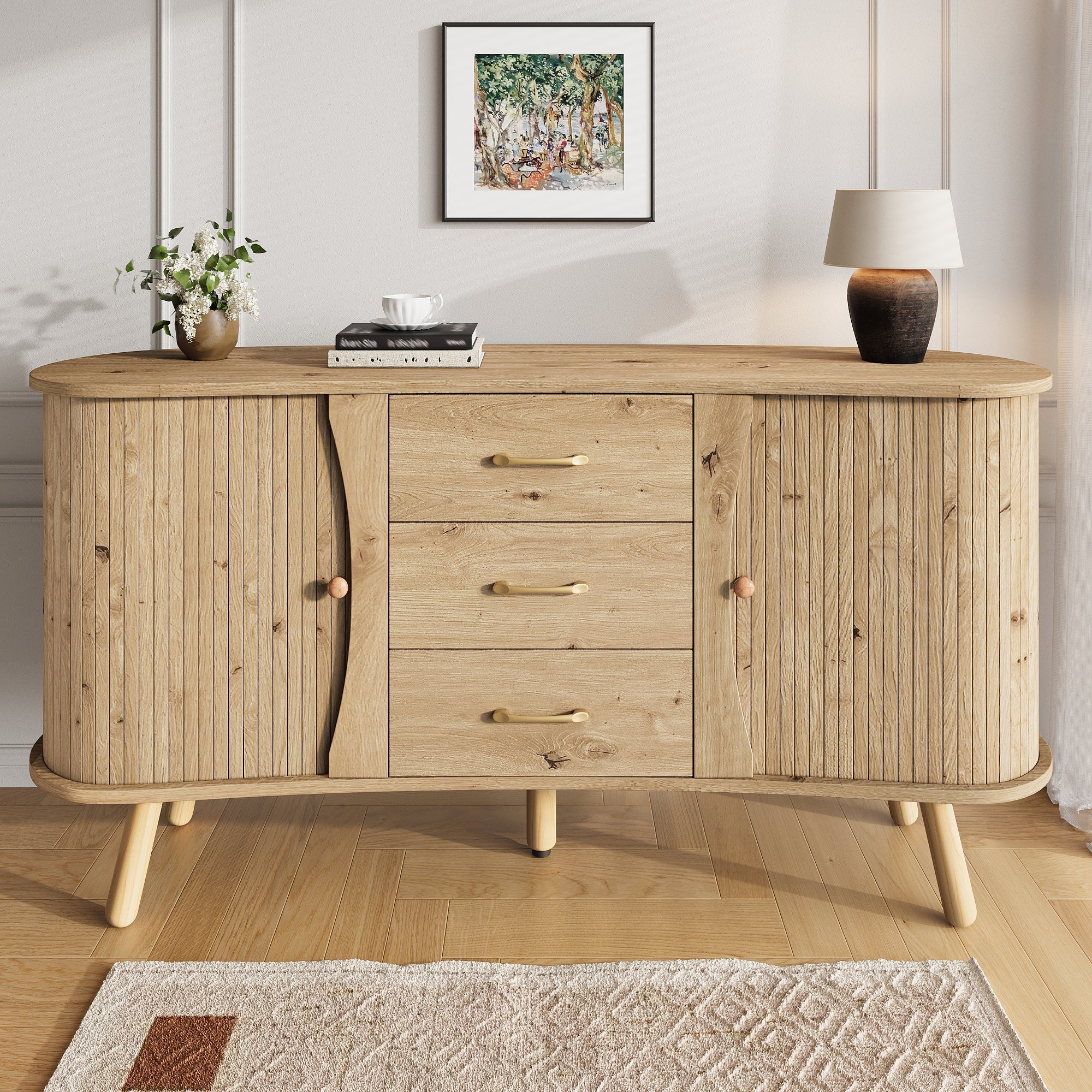 Pea-Shaped Sideboard with 2 Sliding Doors and 3 Drawers, Scandinavian Style with Solid Wood Legs, Wood Look MDF