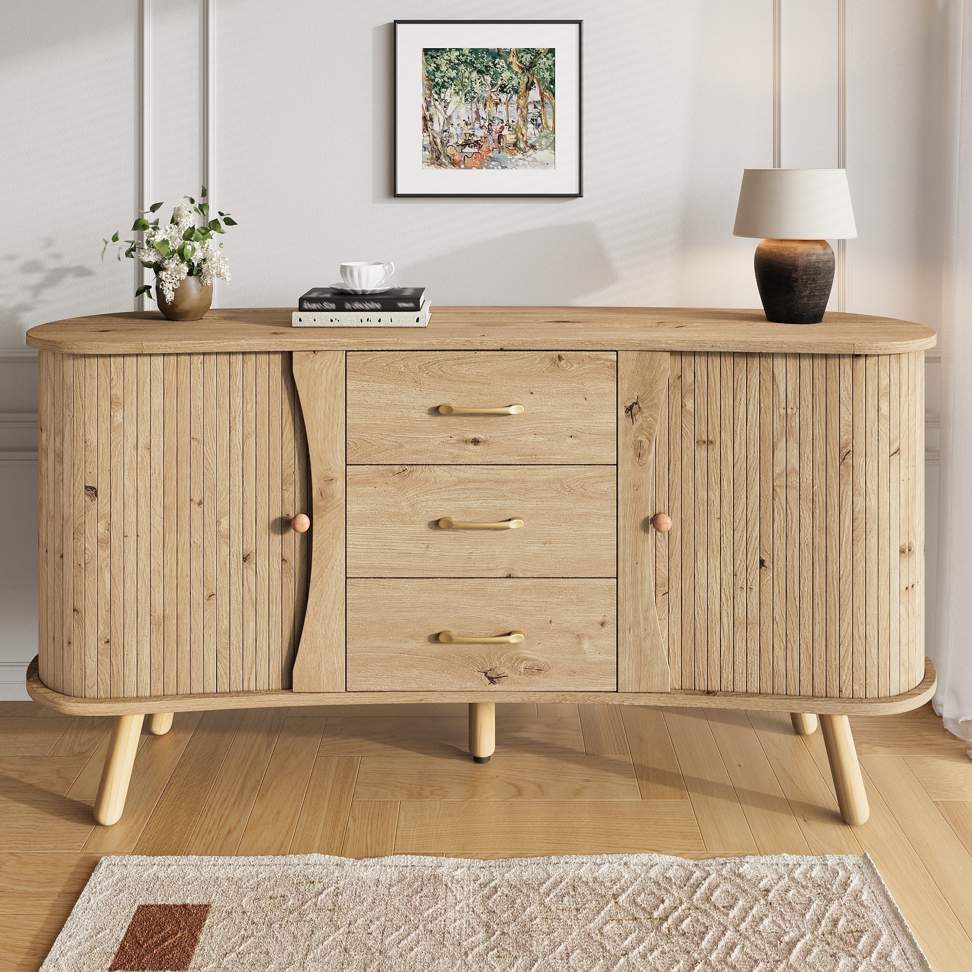 Pea-Shaped Sideboard with 2 Sliding Doors and 3 Drawers, Scandinavian Style with Solid Wood Legs, Wood Look MDF