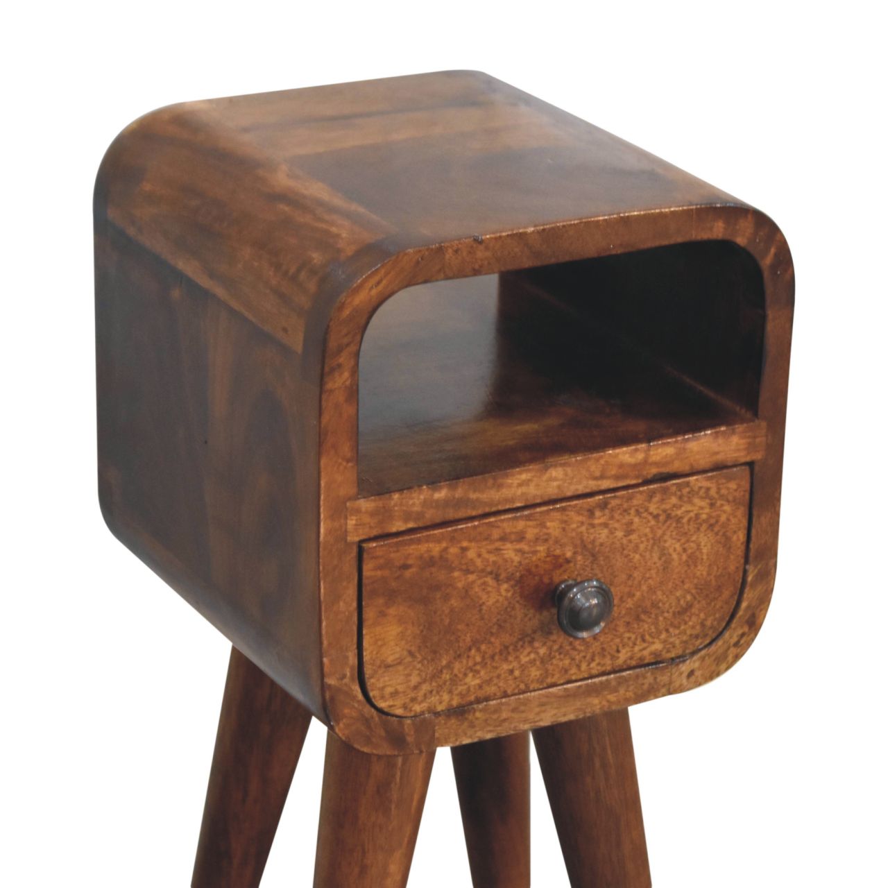 Solid Wood Extra Mini Curve Bedside, Open Slot and 1 Drawer, Dark Brown