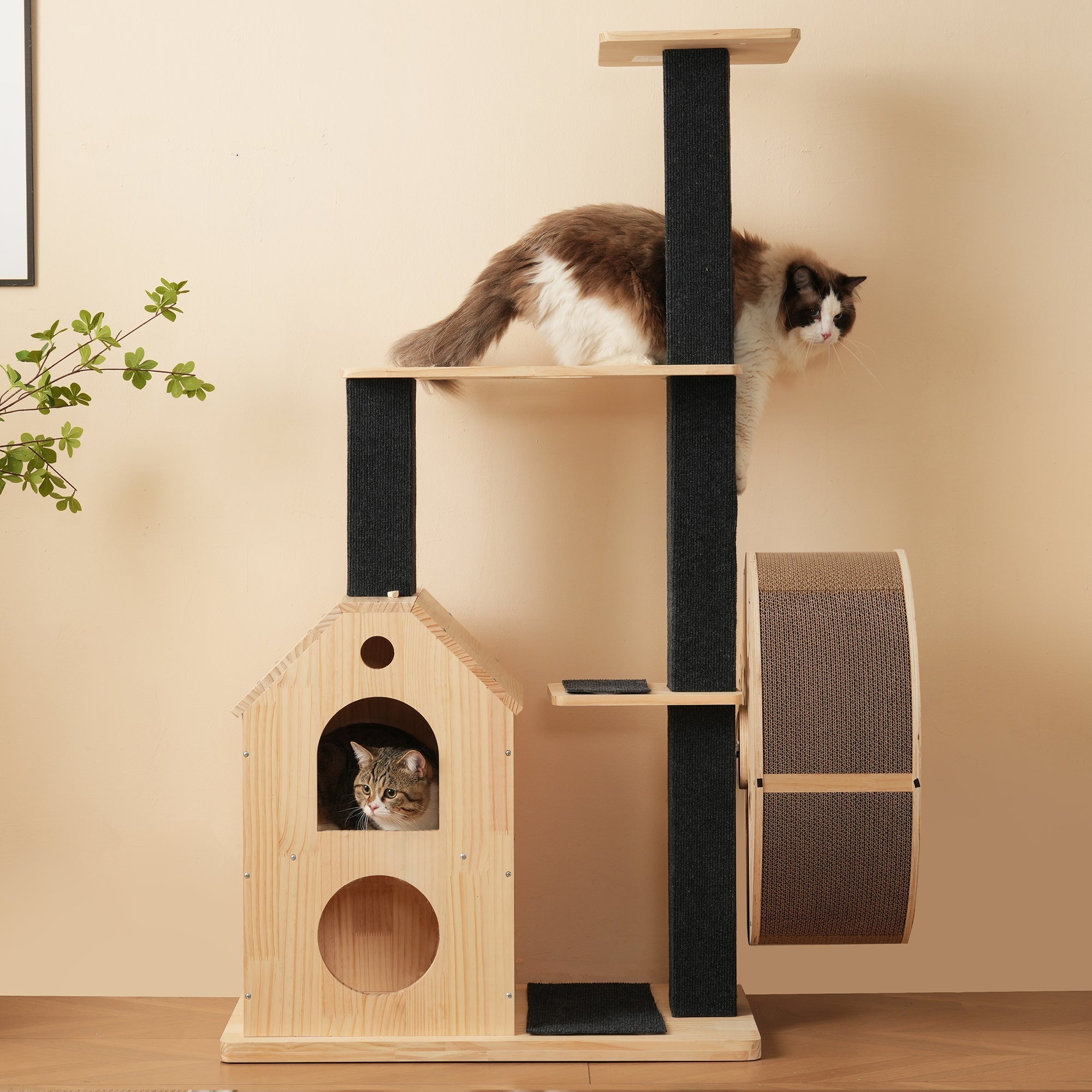 Solid Wood Cat Tree with Exercise Wheel, 4 Platforms, 2 Houses, Sisal Posts, 80×40×152 cm
