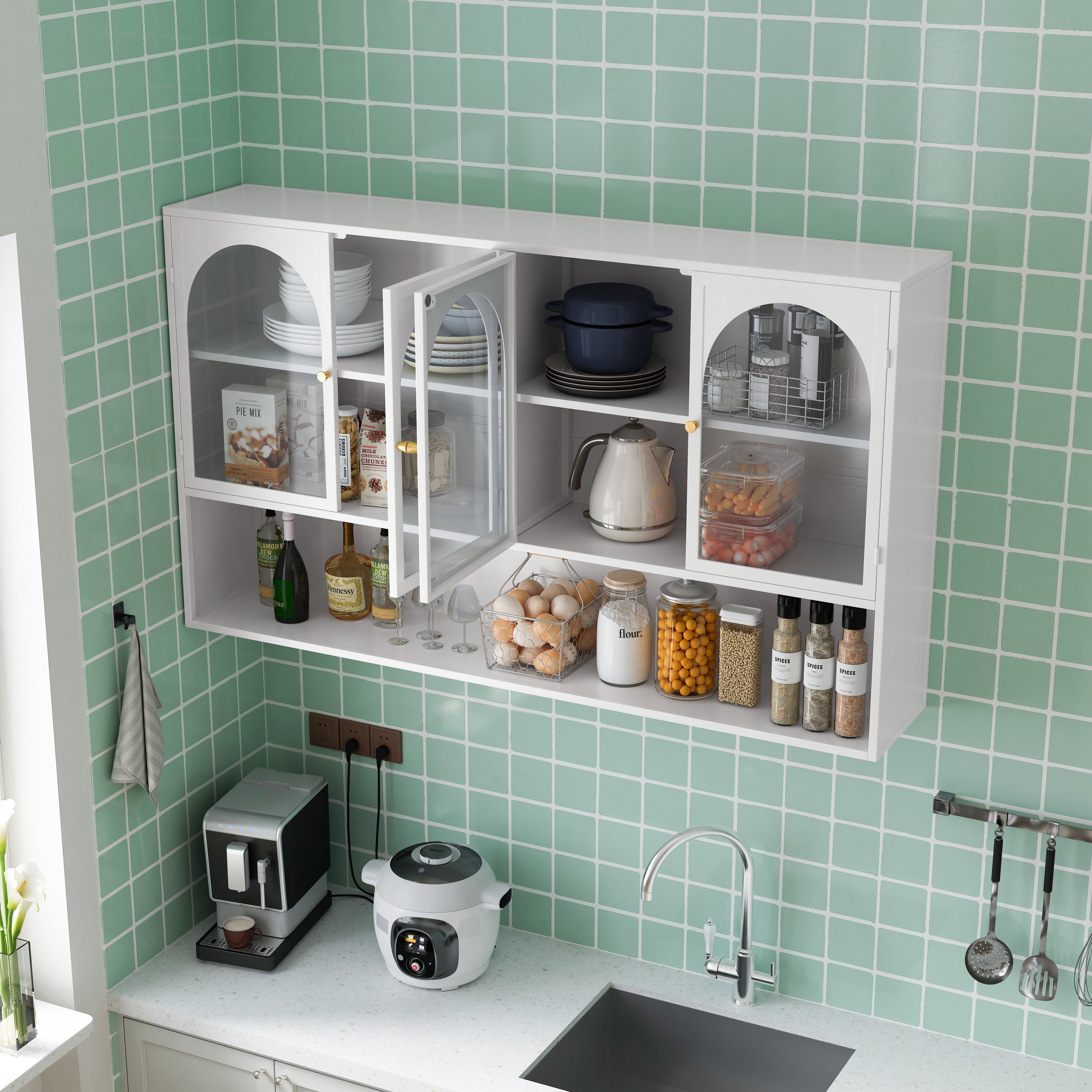 Four-door Wall Cabinet, 120CM Glass Storage, White