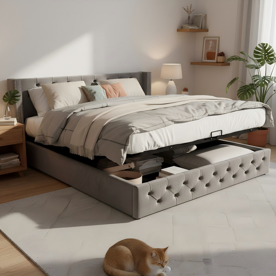 Upholstered Bed 180x200cm Double Hydraulic Lift Storage Ear-Shape Velvet Grey