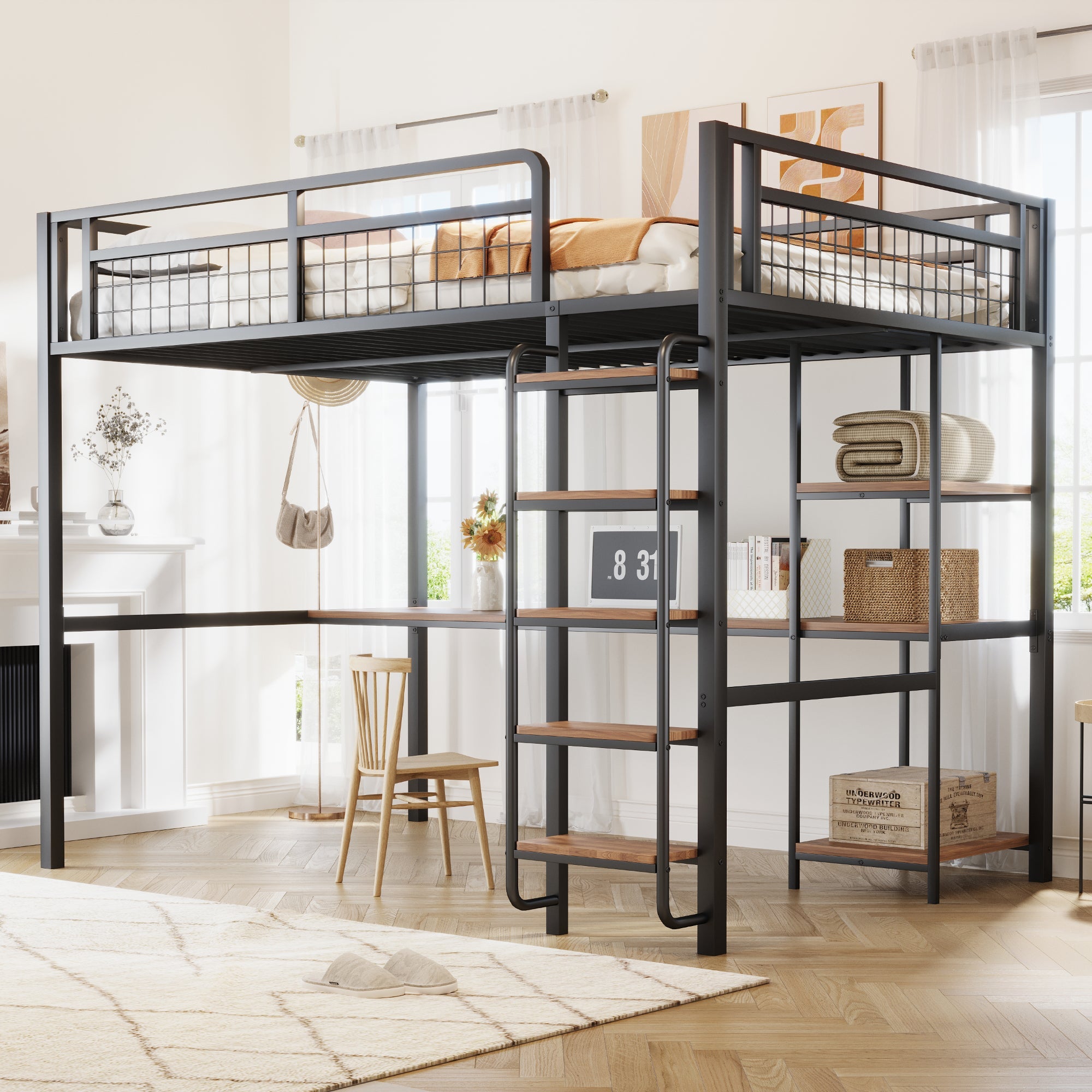 Metal Loft Bed, 140x200 cm with Ladder, Desk & Shelf, Black