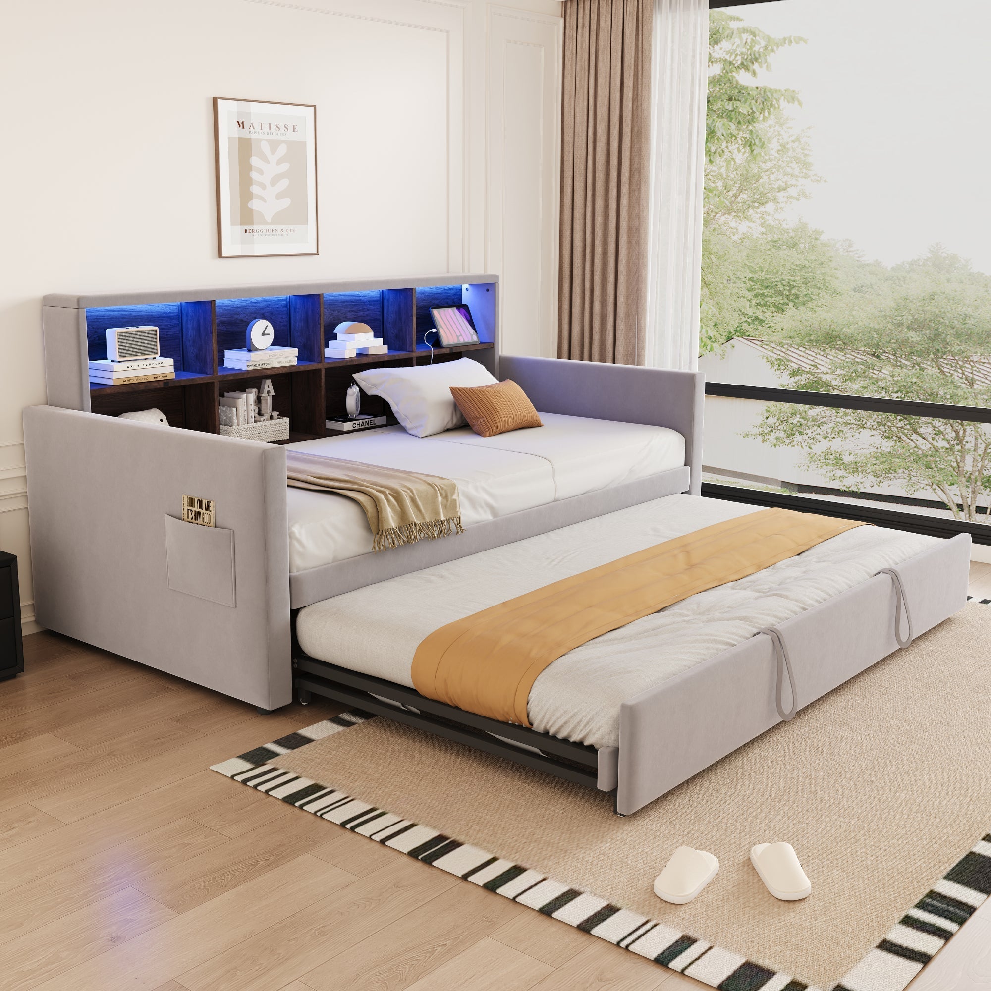 Upholstered Sofa Bed 90x190cm with Storage Headboard, LED Lights and Charging Ports, Velvet, Light Grey