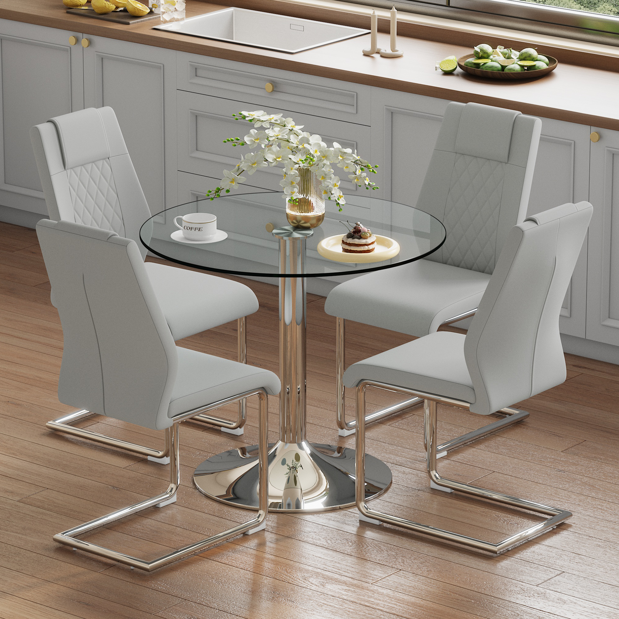 Dining Set 85cm Glass Table 4 Chairs Metal Legs - Light Grey PU