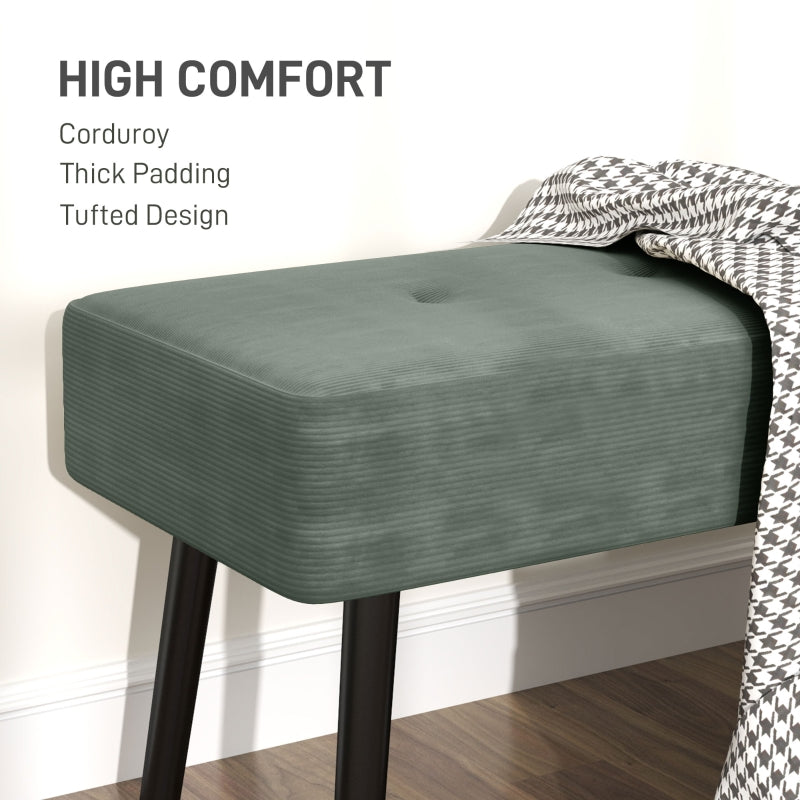 End of Bed Bench with Thick Padding and Steel Legs, Corduroy, Green