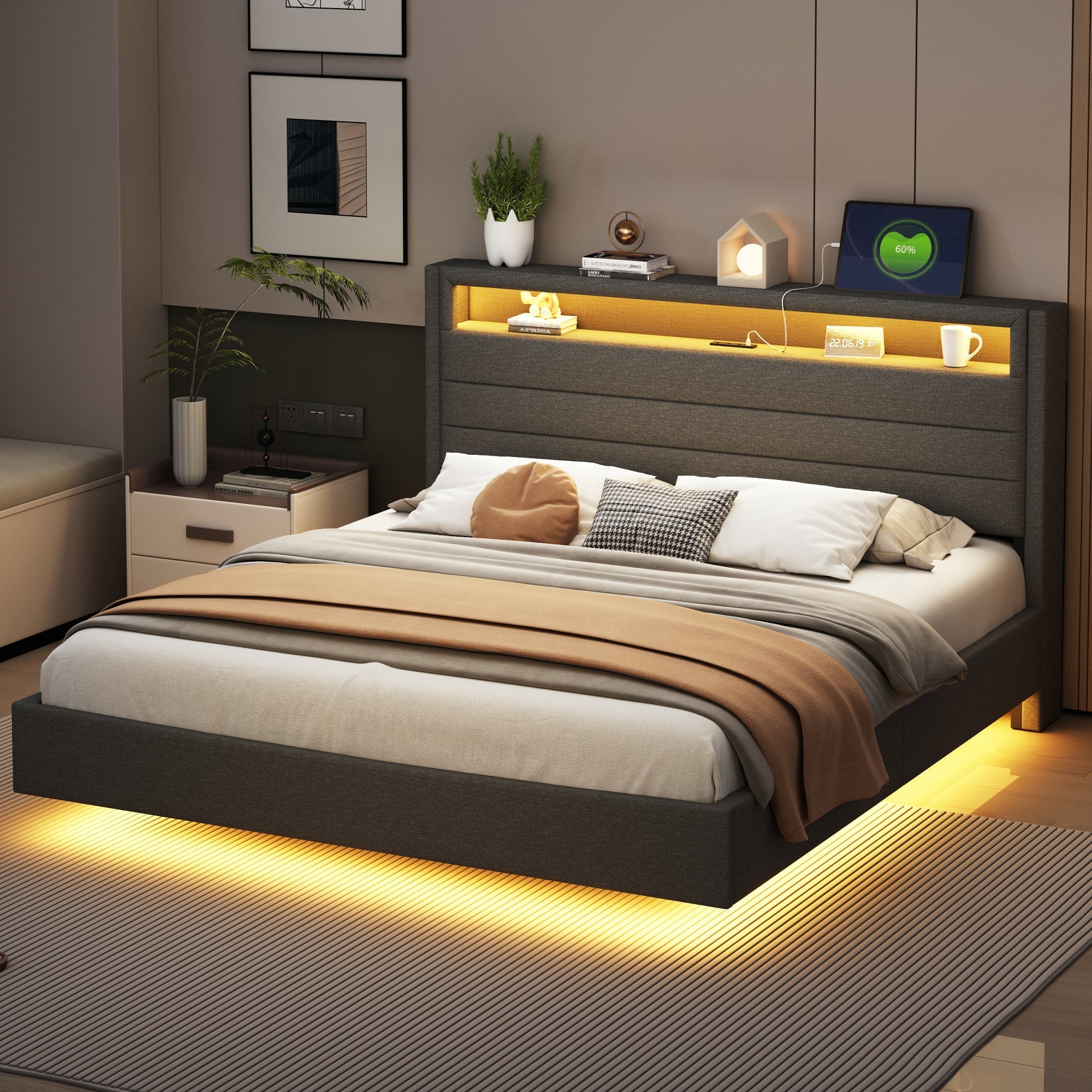 Upholstered Bed, 160x200 cm with USB & LED, Reversible Headboard, Grey Linen