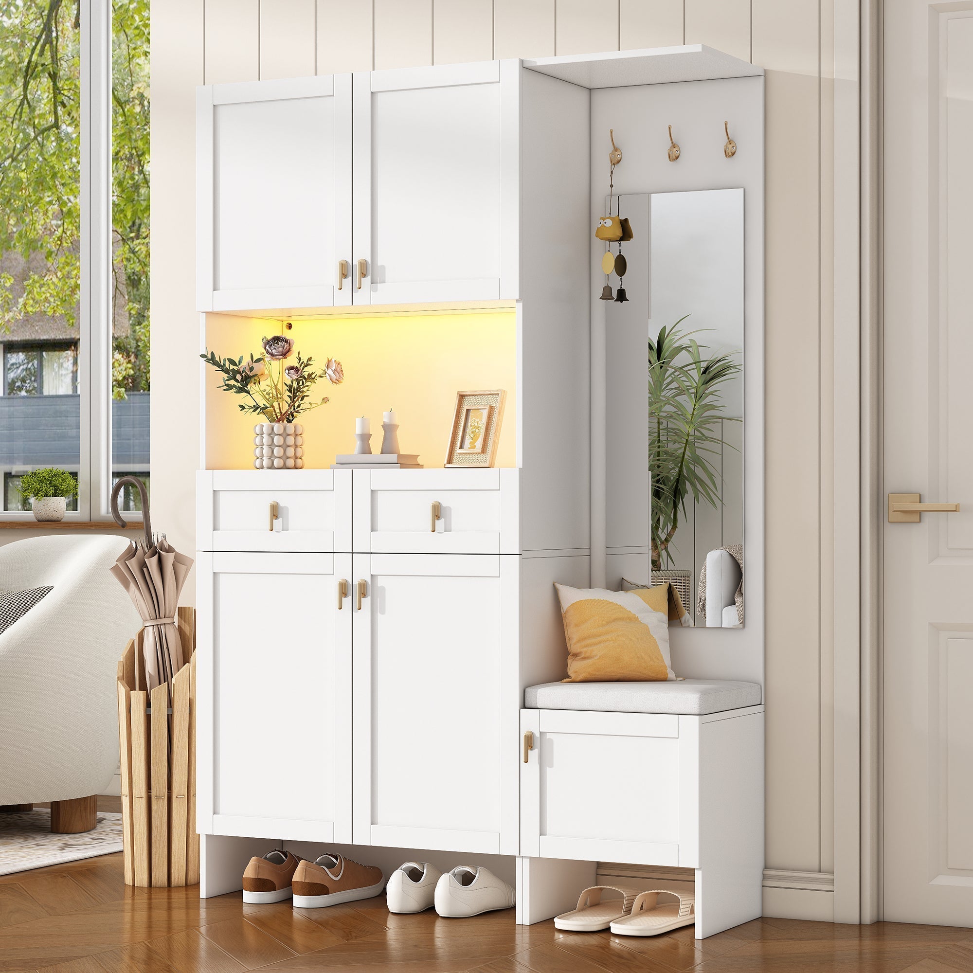 Wardrobe Set Shoe Bench Shoe Cabinet Mirror Storage - White