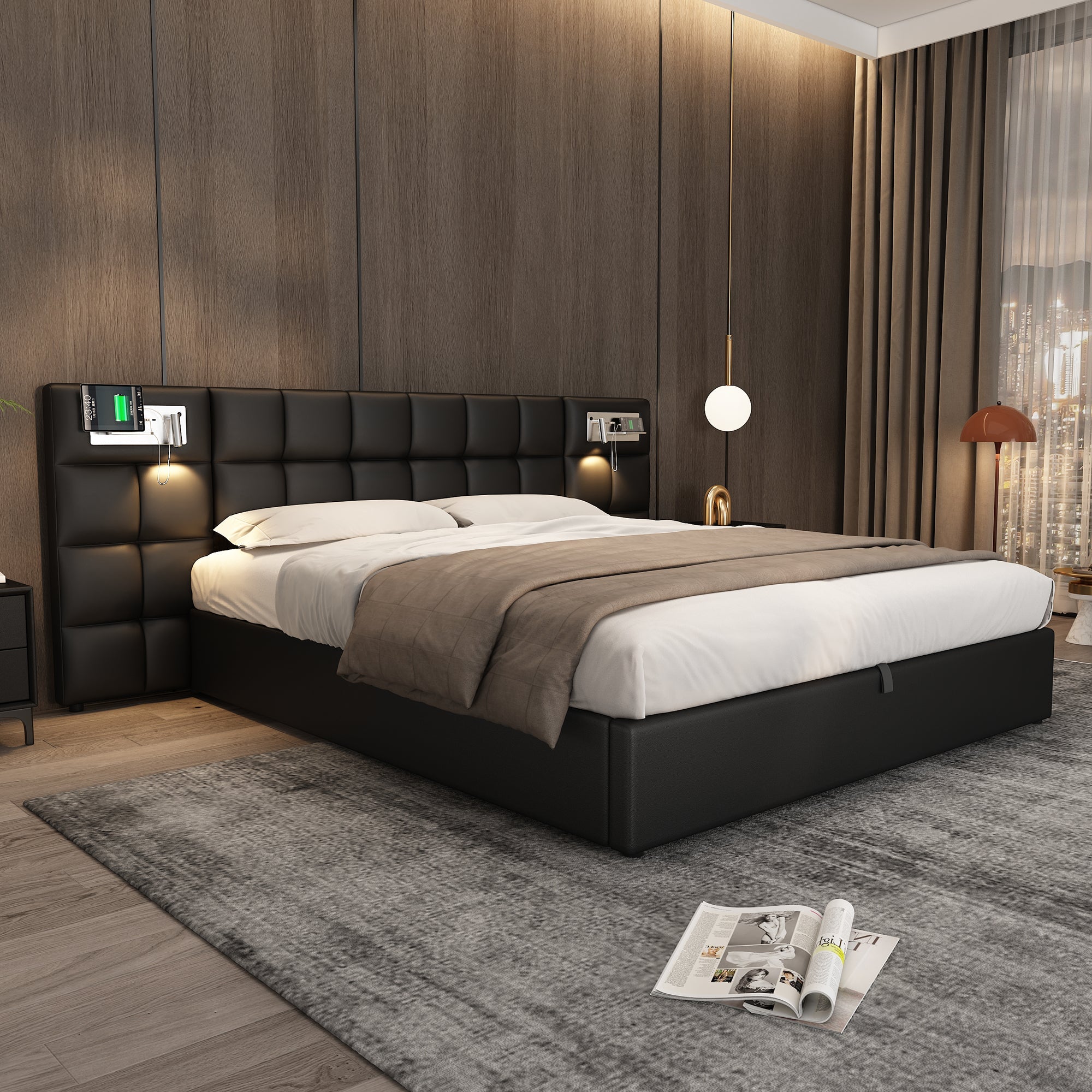 Upholstered Bed 180x200cm Hydraulic Storage USB/Wireless Charging LED Lamp - PU Black