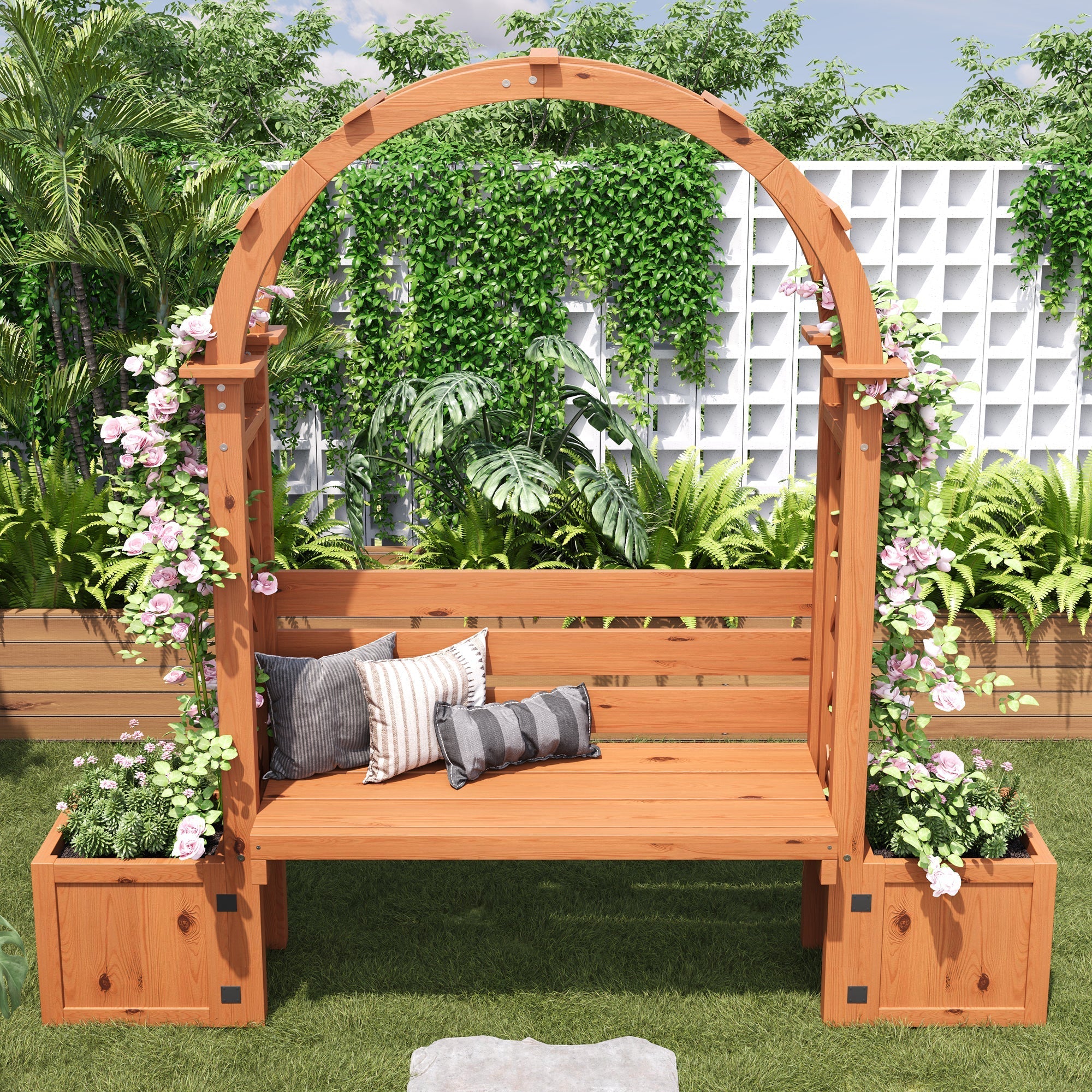 Planter Box with Trellis and Bench for Garden and Yard, Natural Wood