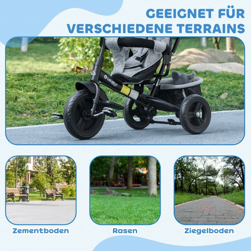 6-in-1 Tricycle with Push Bar, Removable Sun Canopy, 5-Point Safety Harness, Grey