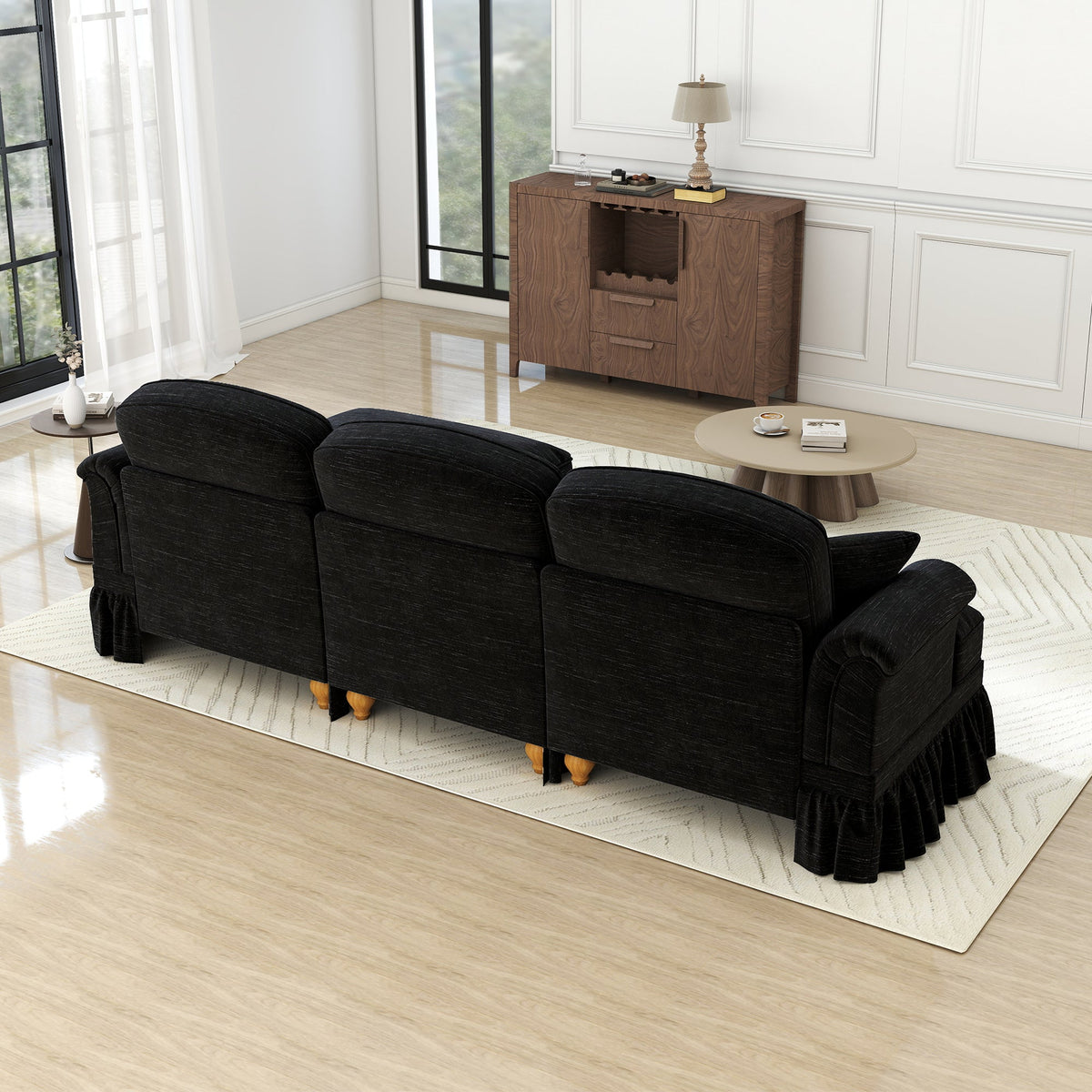 Modular L-Shaped Sofa 3-Seater Mid-Century Ottoman - Chenille Black