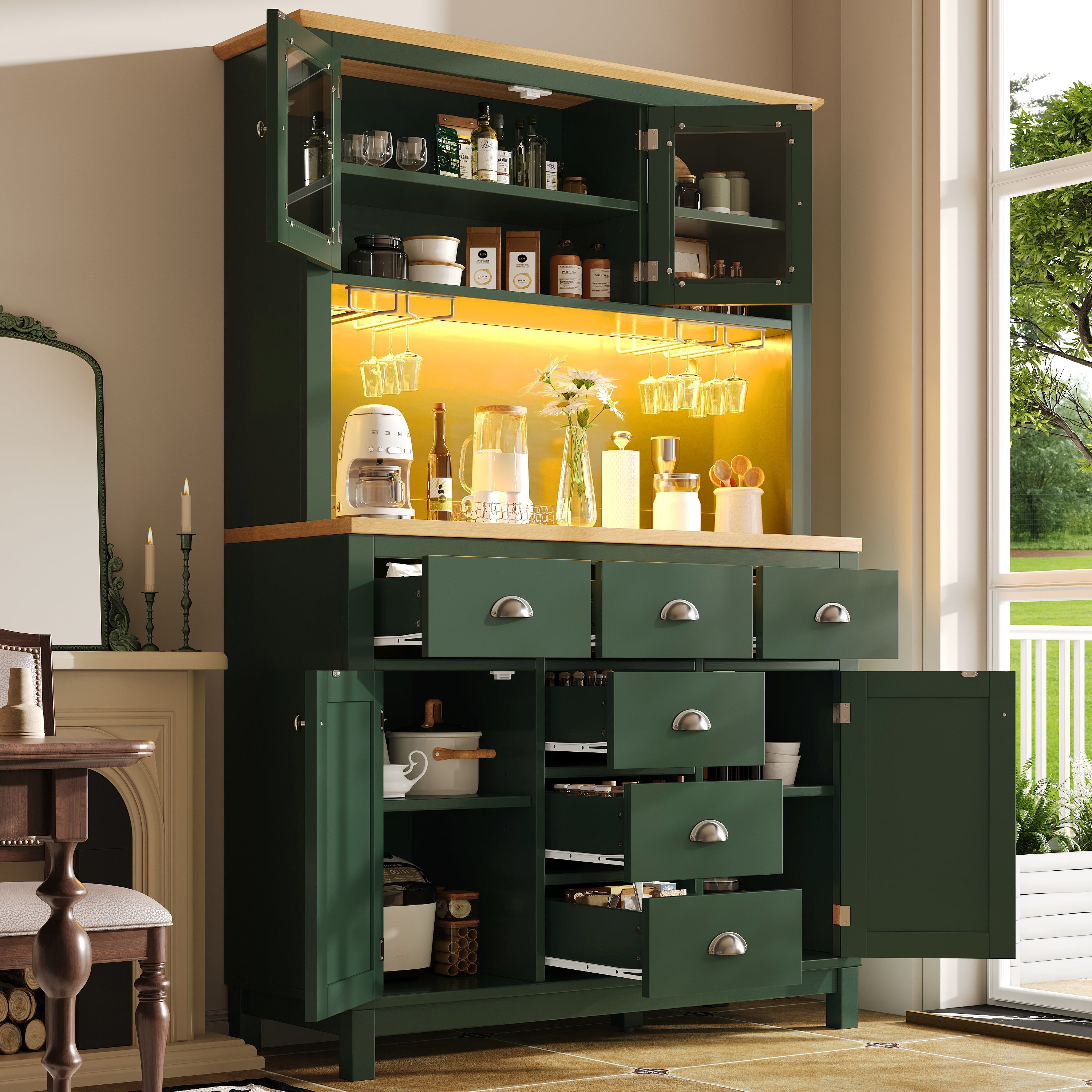 Buffet Sideboard Cabinet with 4 Doors and LED Lights, Green and White
