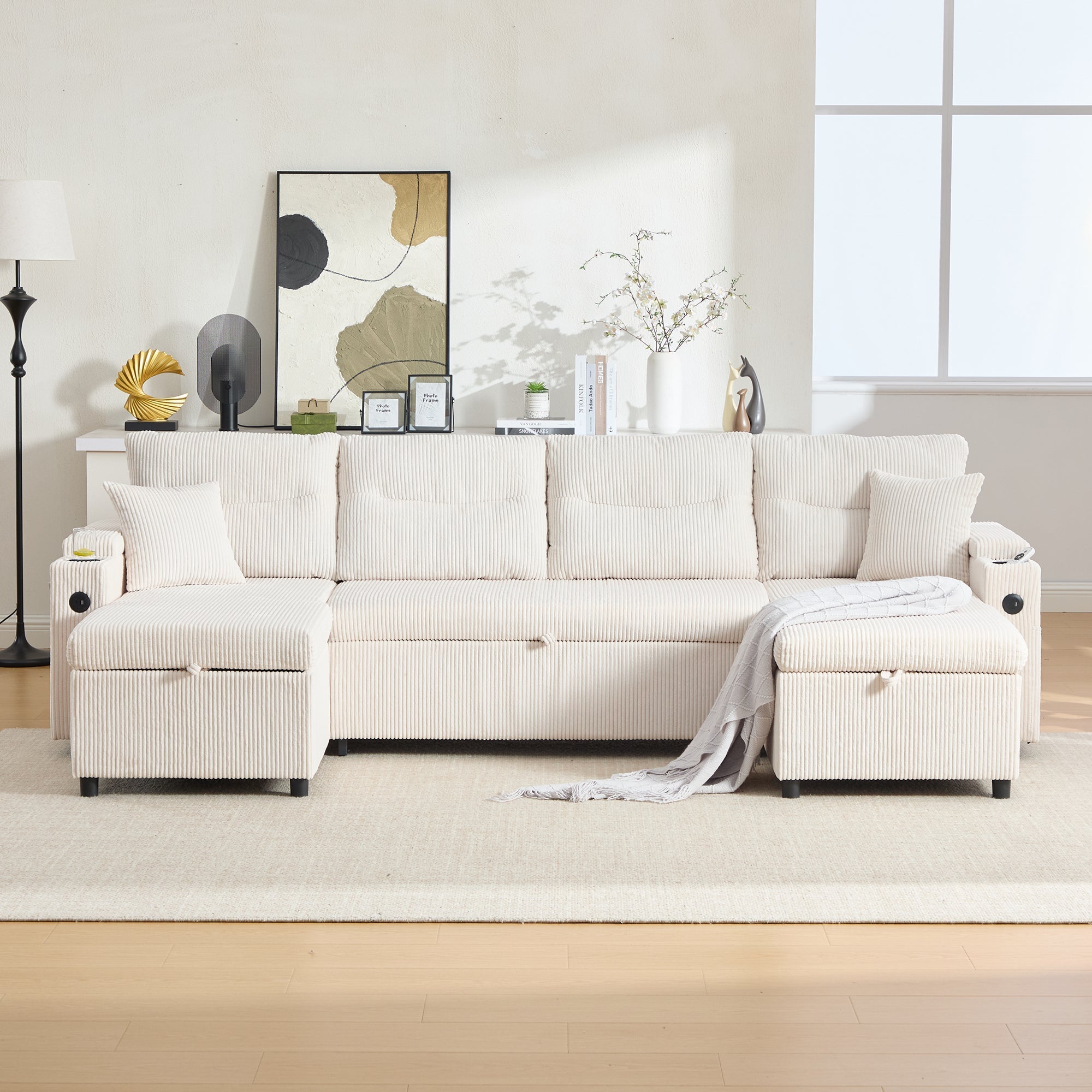Modern 4-Seater Sofa with Double Chaise, Pull-out Bed, Storage and USB Ports, Beige Velvet