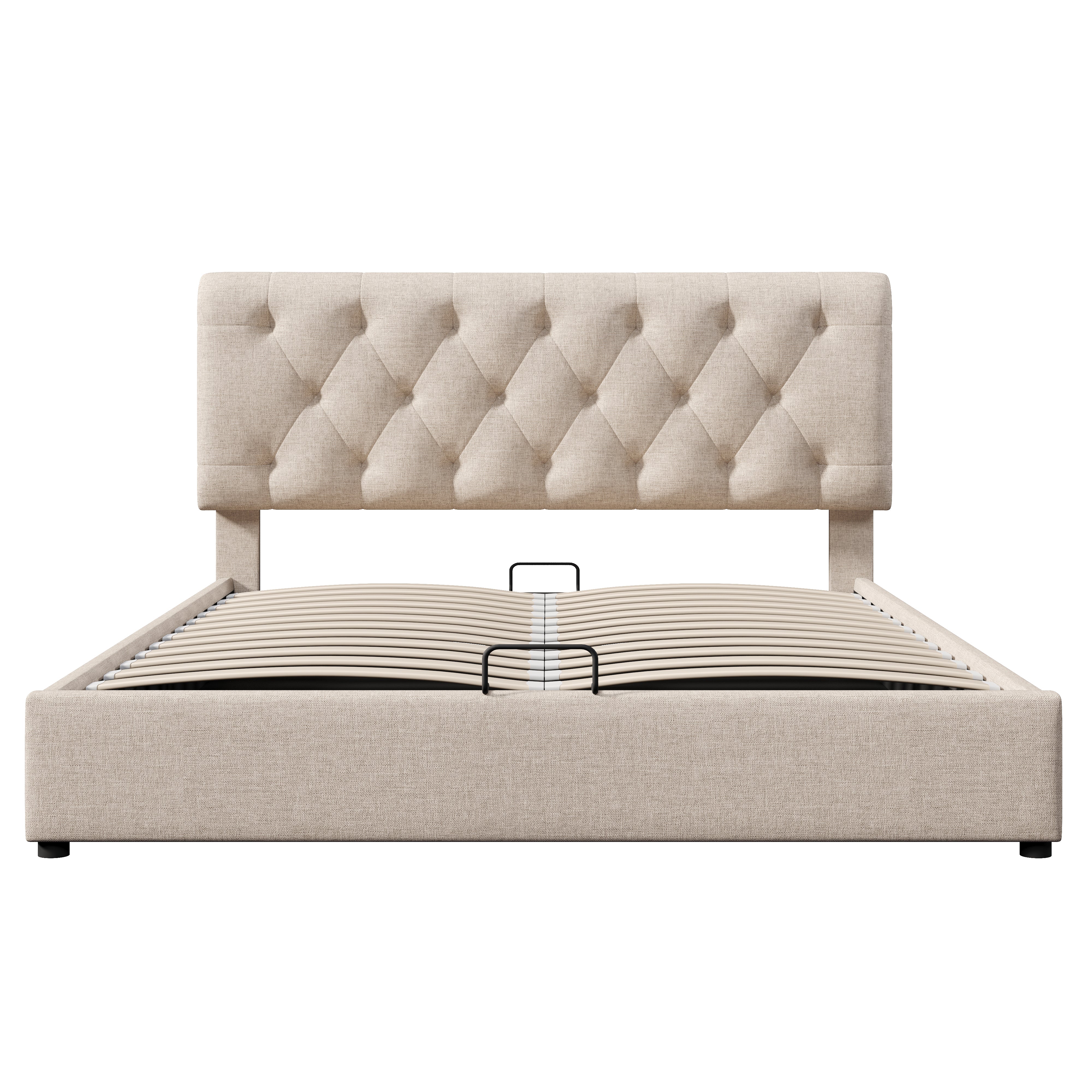 Hydraulic Double Bed, 160x200cm Upholstered with Storage, Natural