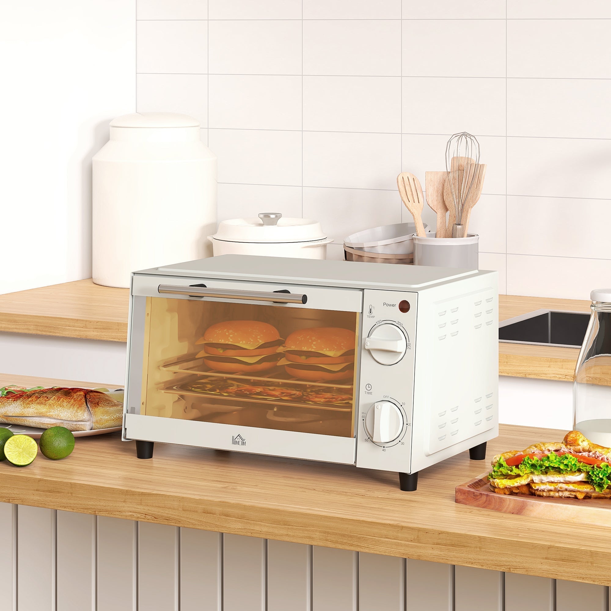 Mini Oven 9L 750W with Baking Tray, Grill, Timer - Stainless Steel/Cream White