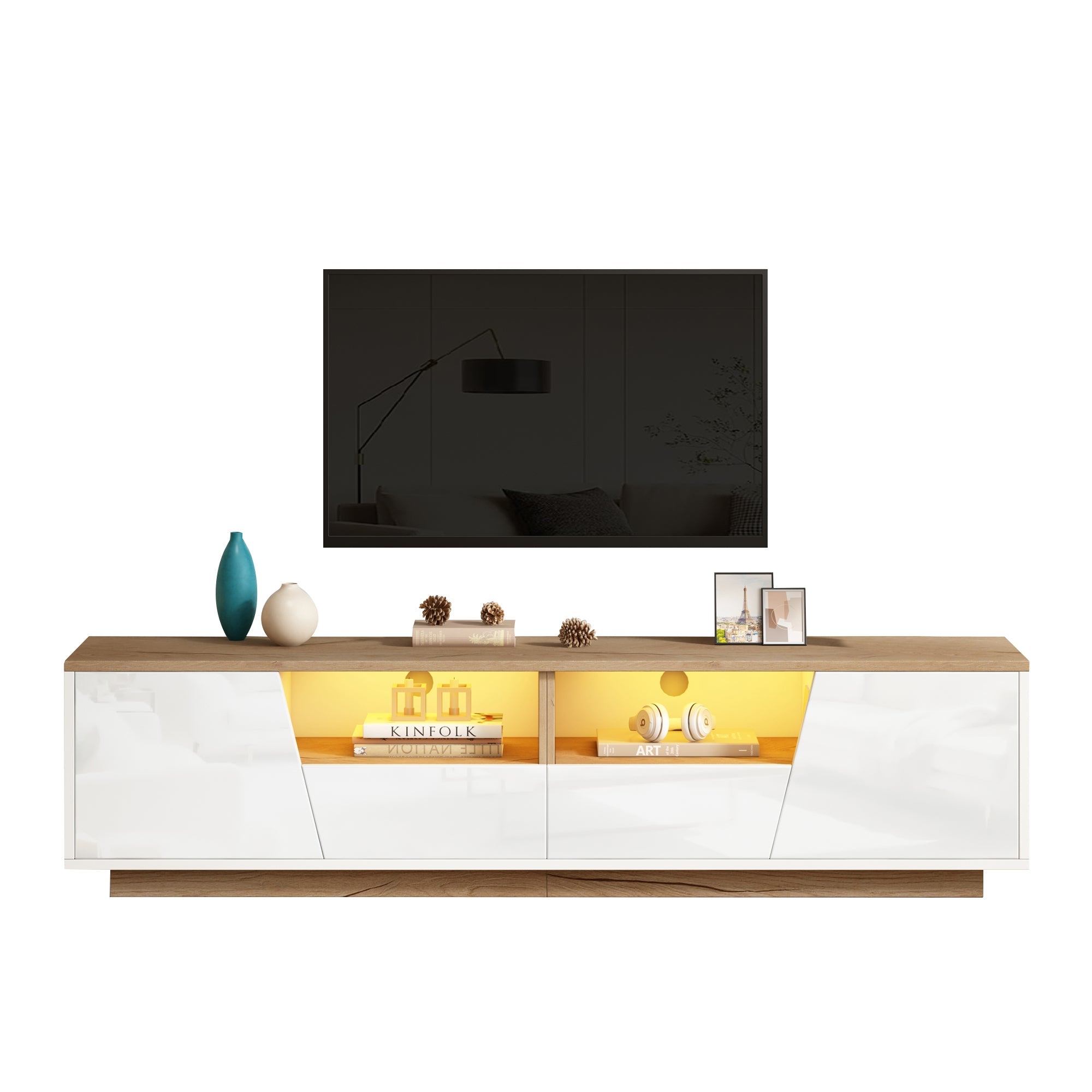 TV Cabinet 180x40x46cm LED High-Gloss Storage for 75 Inch TVs, White/Wood Splice