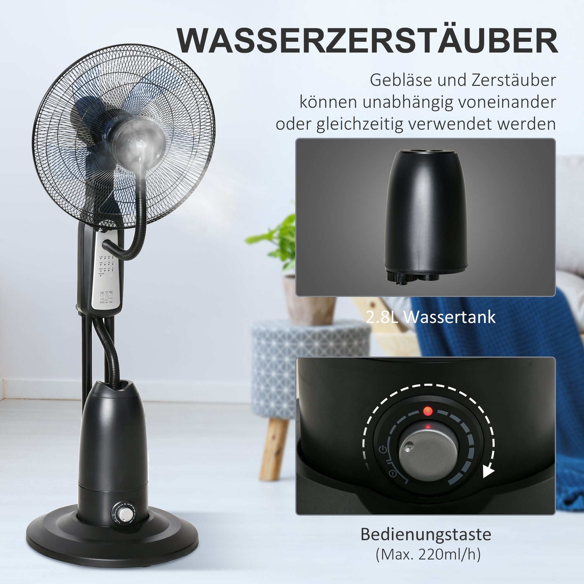 Pedestal Fan, 2.8L Water Atomizer Timer 3 Modes Mist Function Adjustable Tilt, Cooling