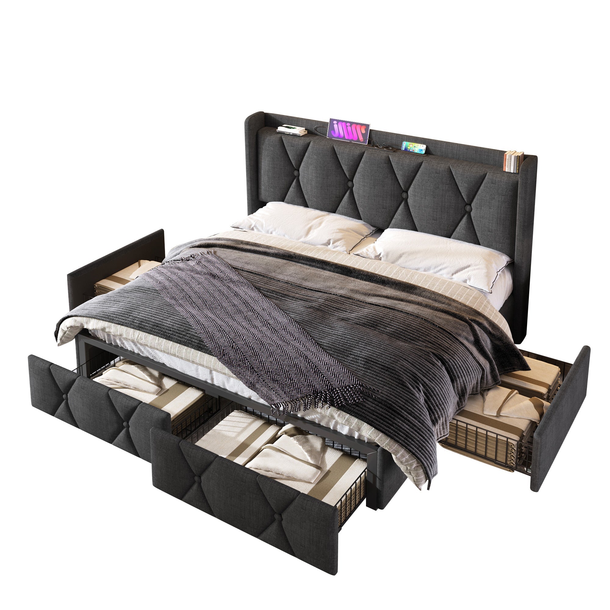 Upholstered Bed with USB Charging Headboard, 4 Drawers, 140x200cm, Gray
