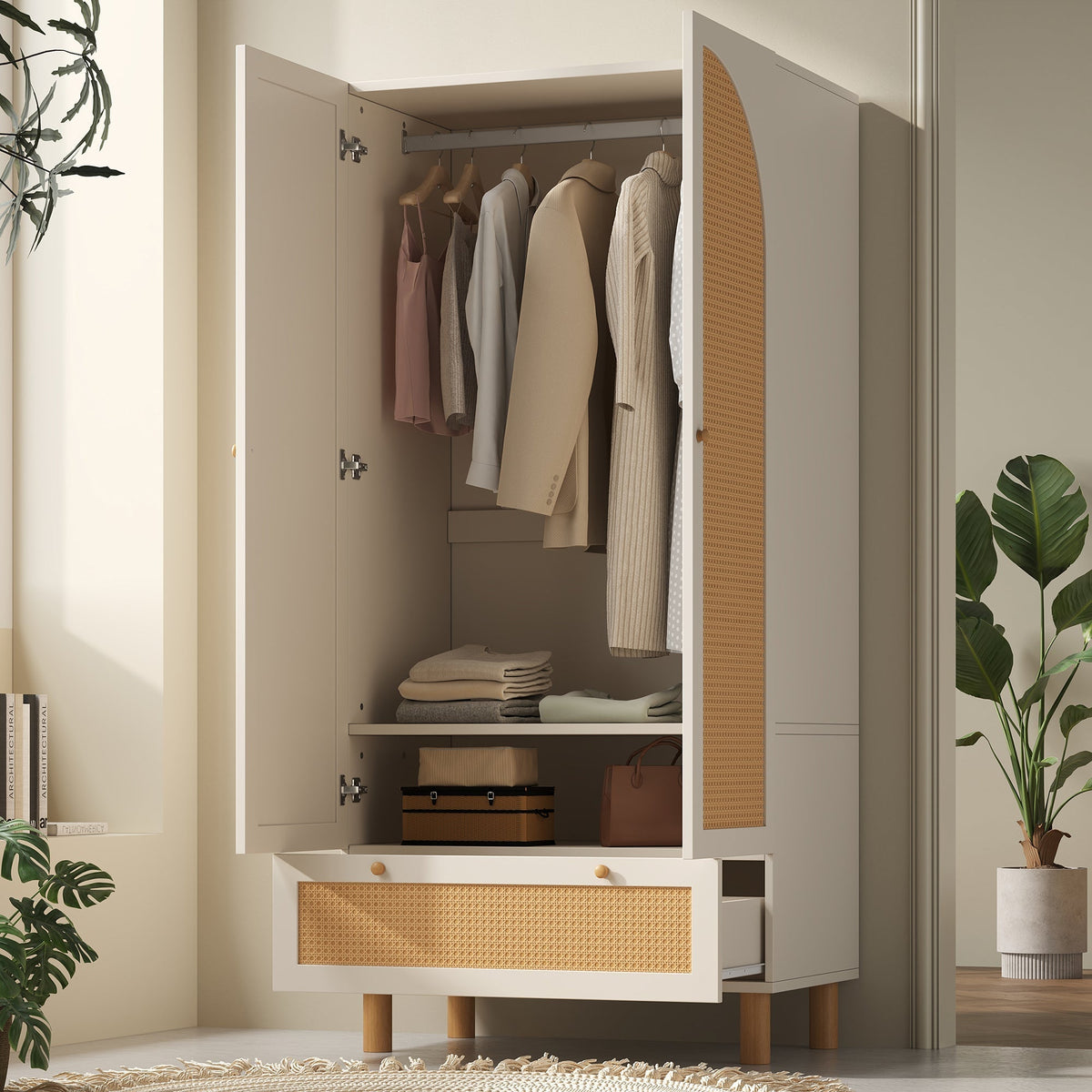 Wardrobe 2 Doors Rattan Large Drawer Adjustable Shelves White