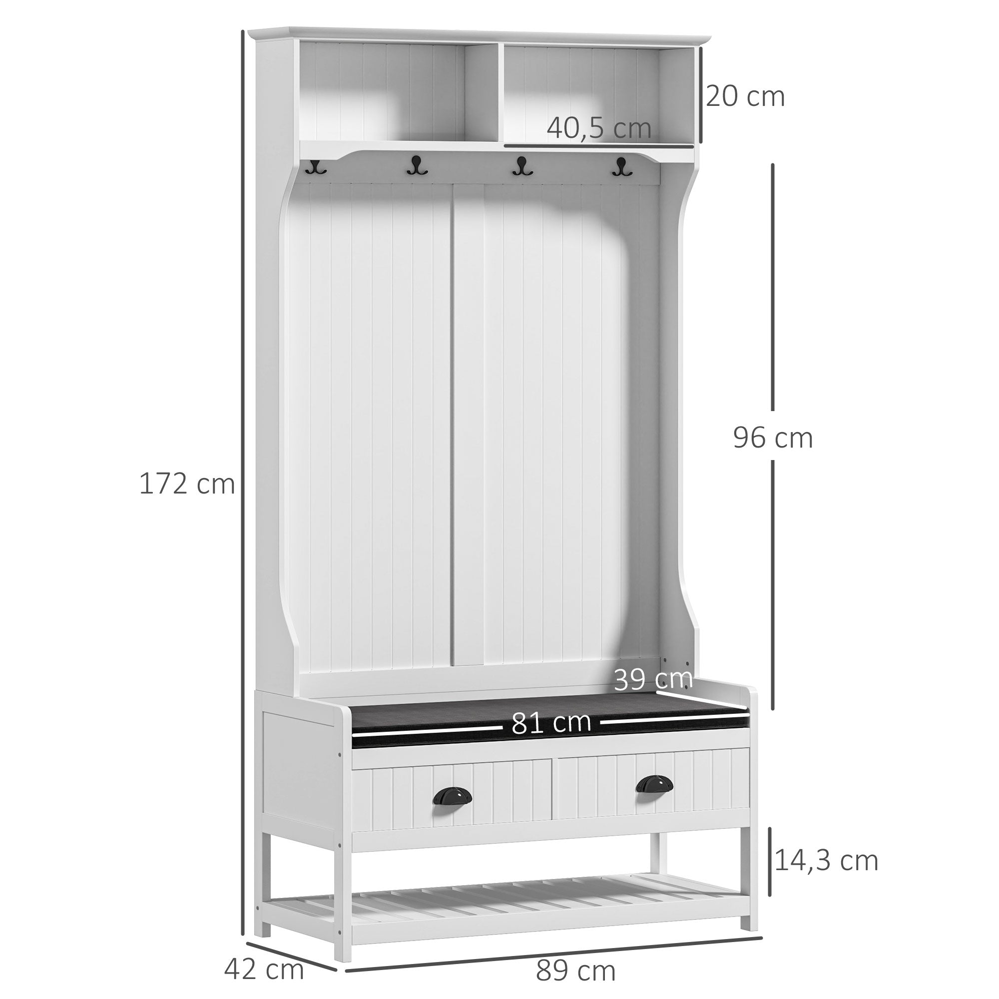 2-in-1 Coat Rack & Wardrobe, Shoe Bench, 4 Hooks, Anti-Tip Protection, White+Grey