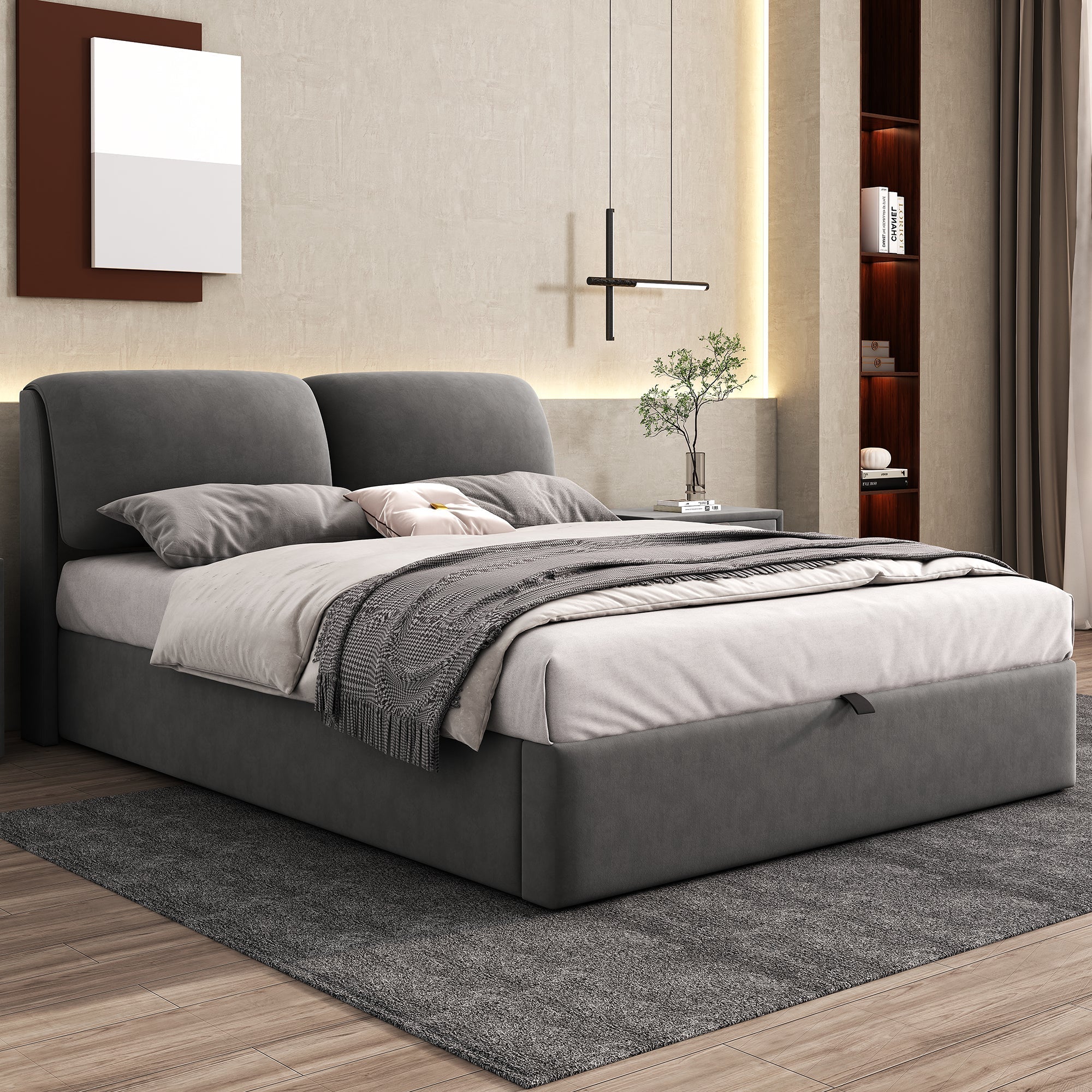 Upholstered Bed with Hydraulic Lift and 3 Drawers, 140x200 cm, Grey Velvet