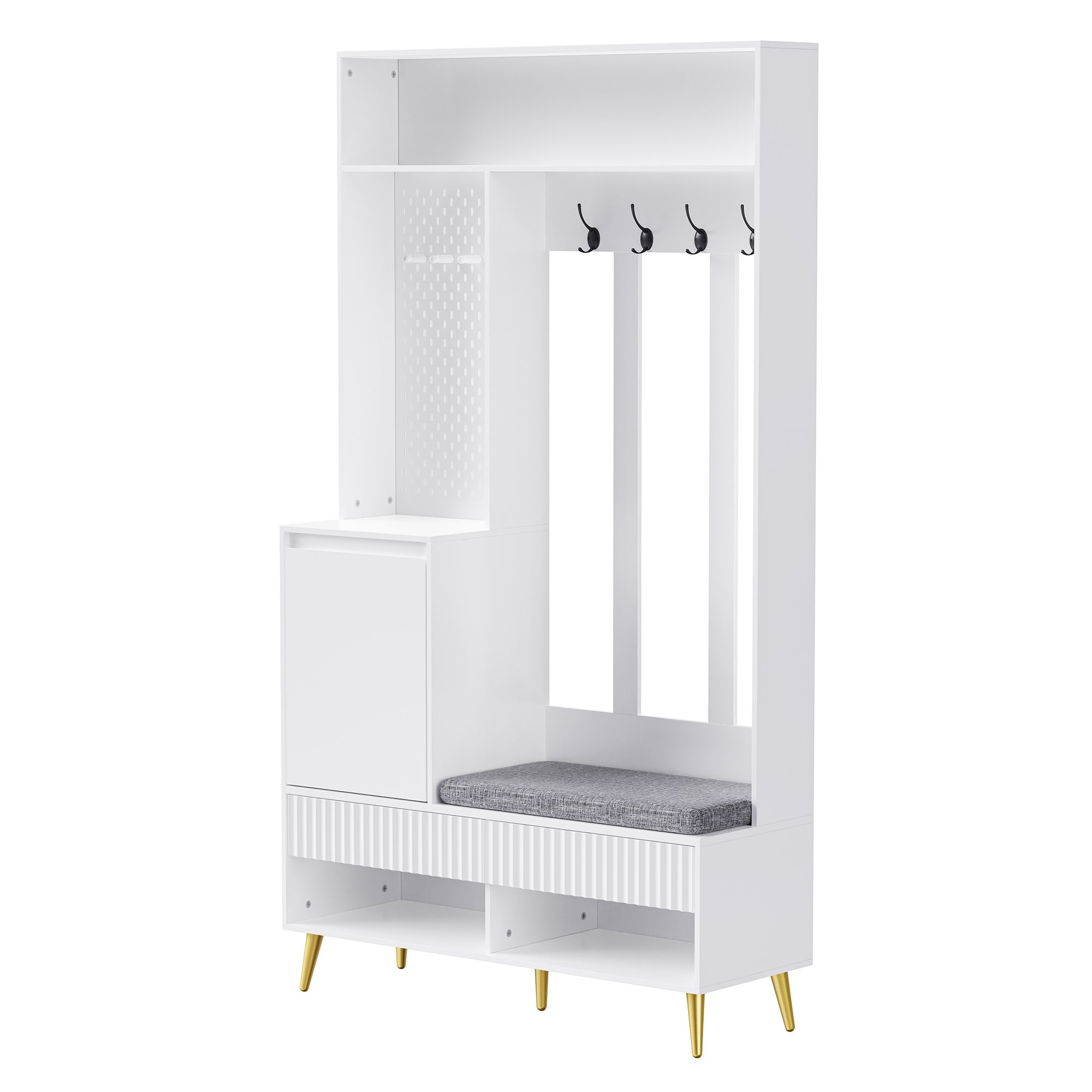 Wardrobe set, hallway with shoe bench, 4 coat hooks, two drawers and 1 door, white
