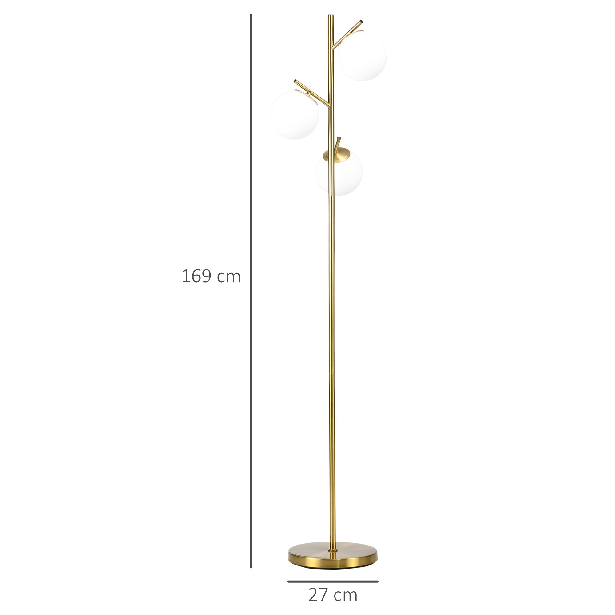 Stehleuchte, E27 Fassung & 3 Glasschirme, 169 cm, Metall