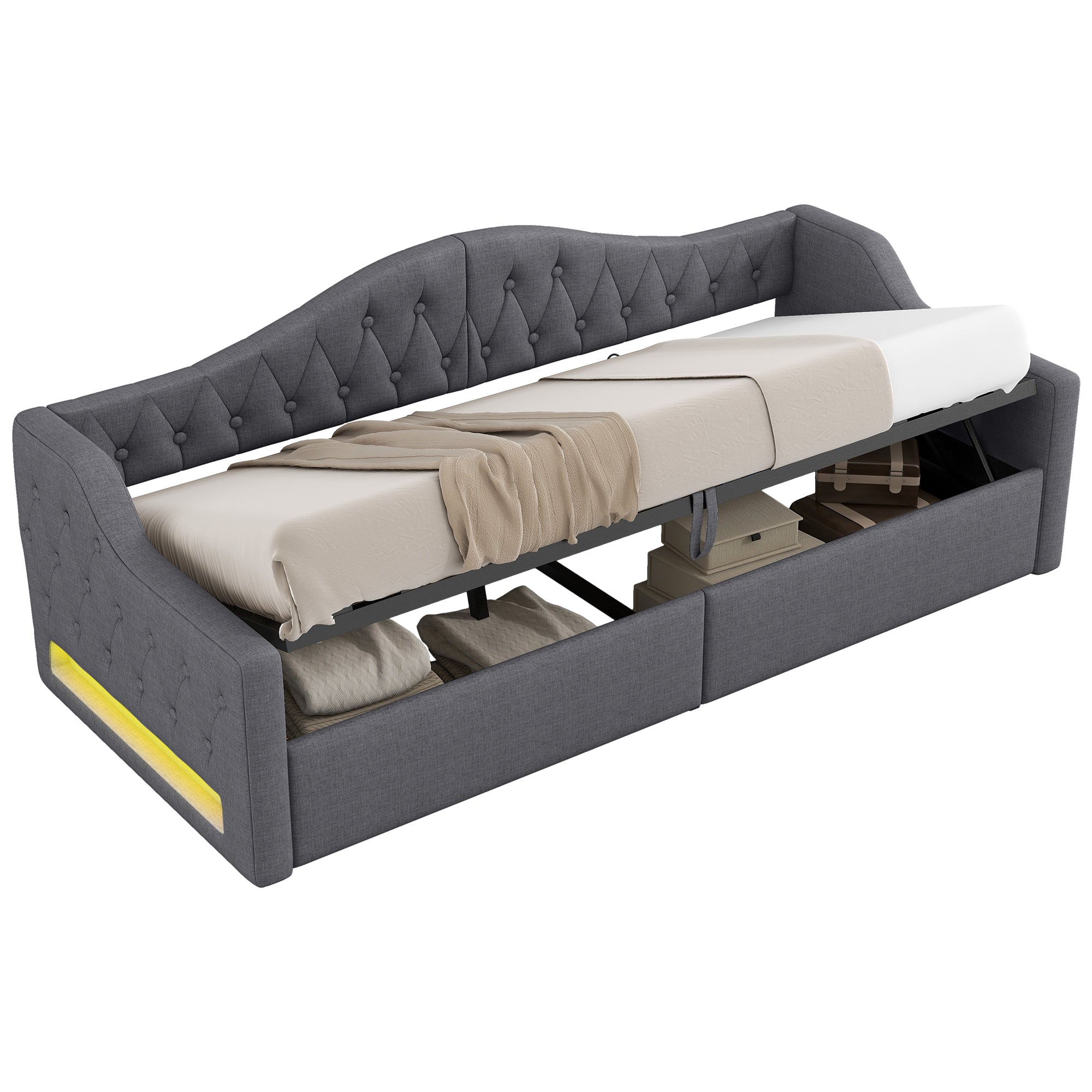 Daybed Upholstered 90x200 LED Storage - Grey