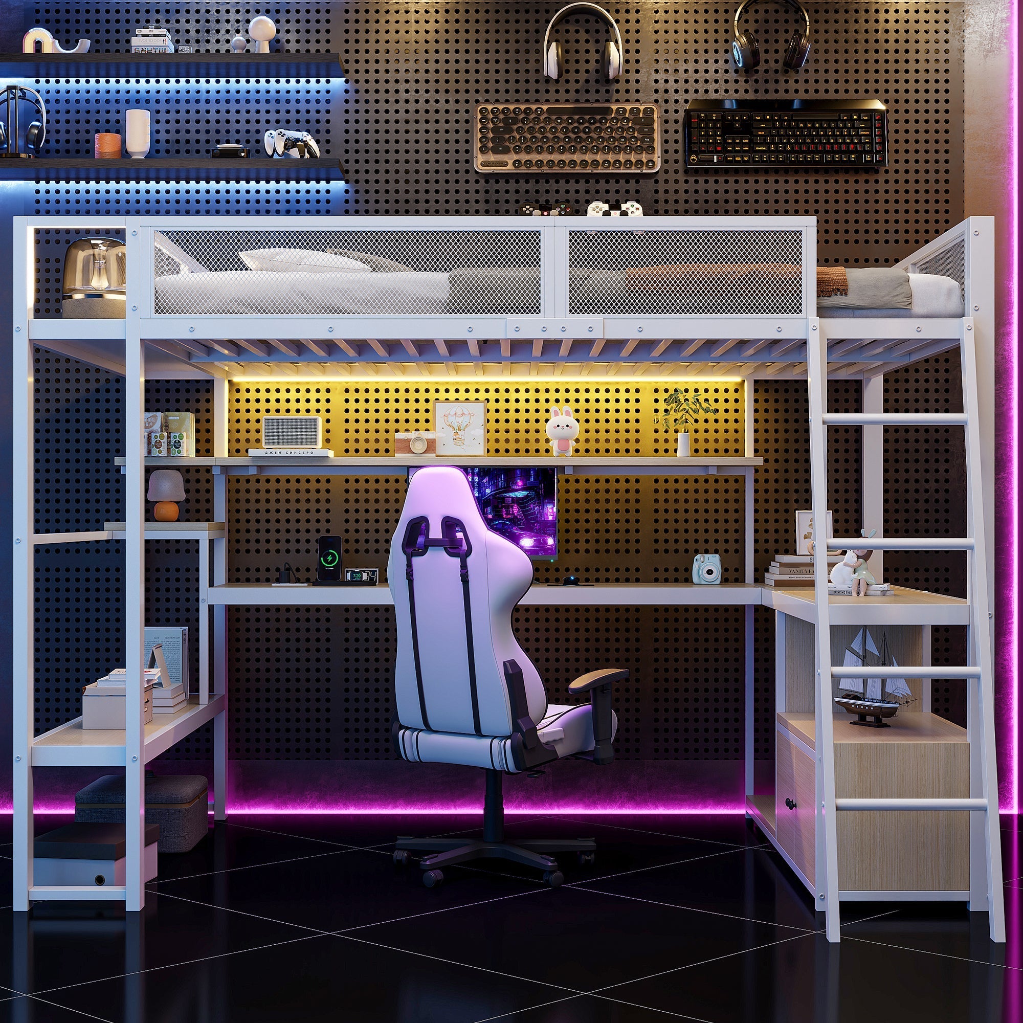 Metal Gaming Loft Bed with Integrated Workspace and LED Lighting, White