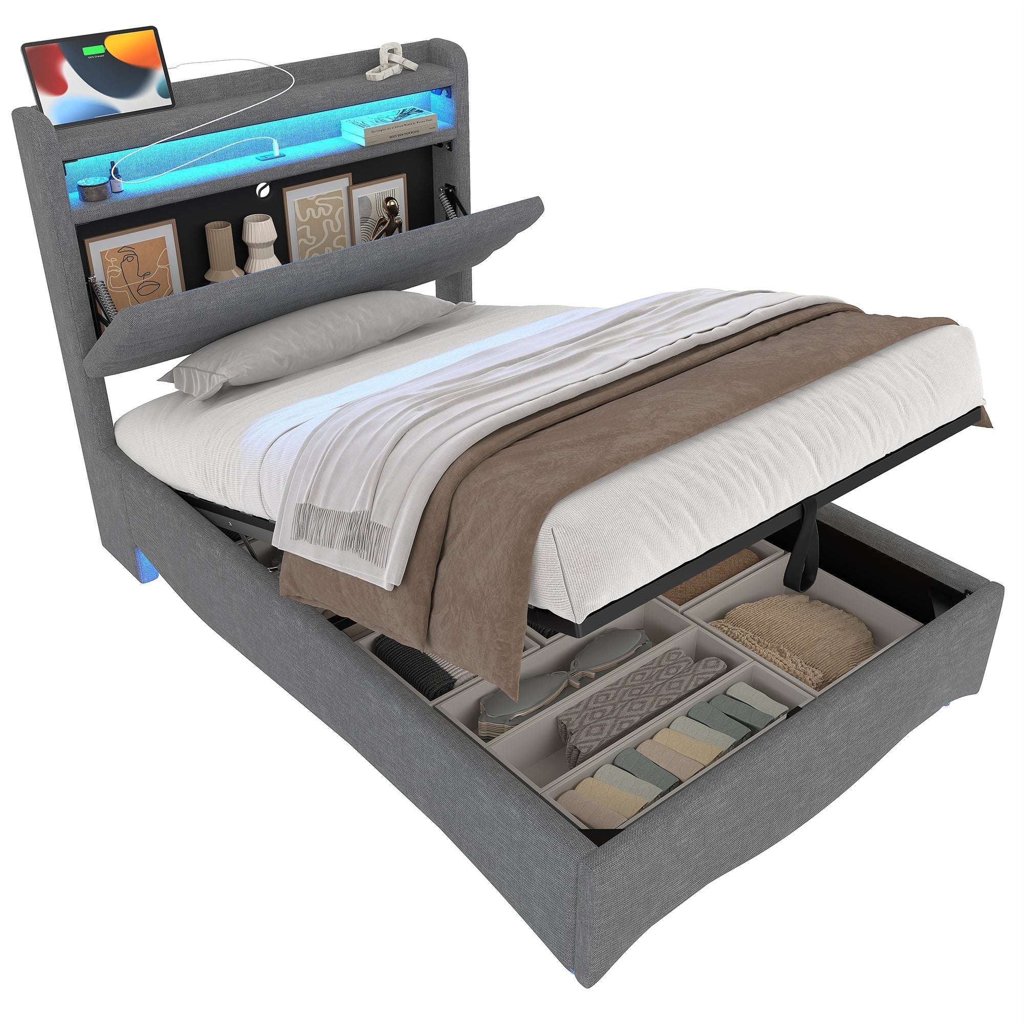 Upholstered Bed with LED Lighting, Hydraulic Storage and USB Ports, Grey Linen Fabric