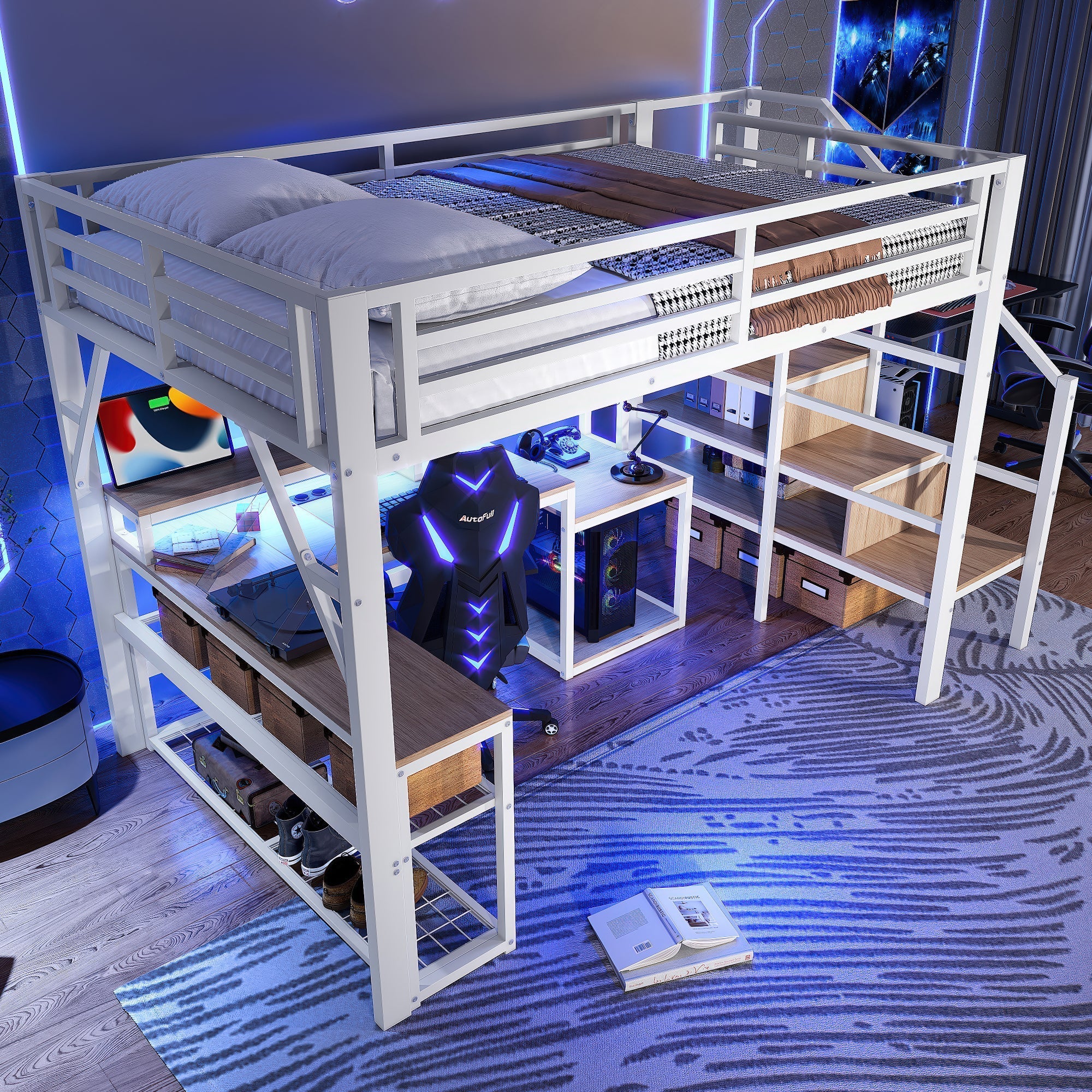 Loft Bed with Desk, LED Lighting and Storage Staircase, 140 x 200 cm, White