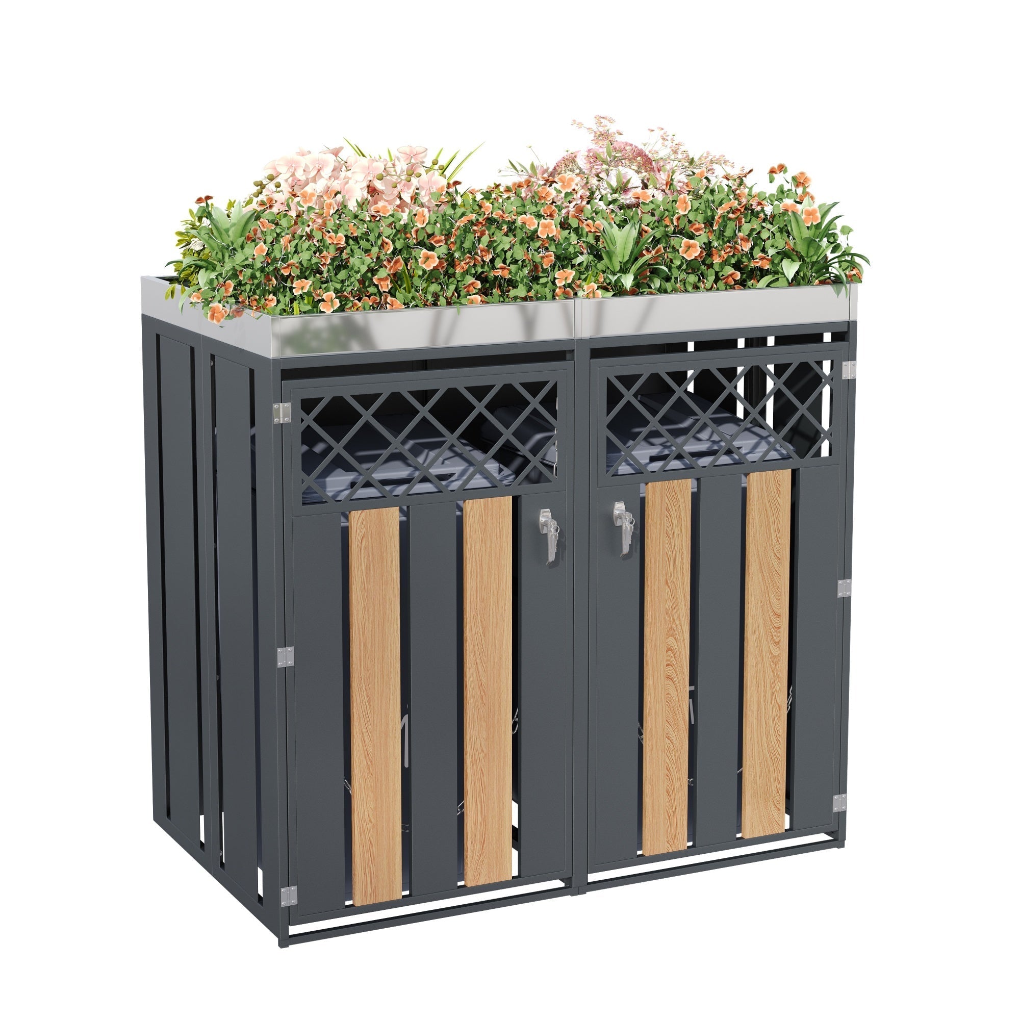 Garbage Can Enclosure with Diamond Ventilation and Planting Area, Lockable 2-Door, Steel