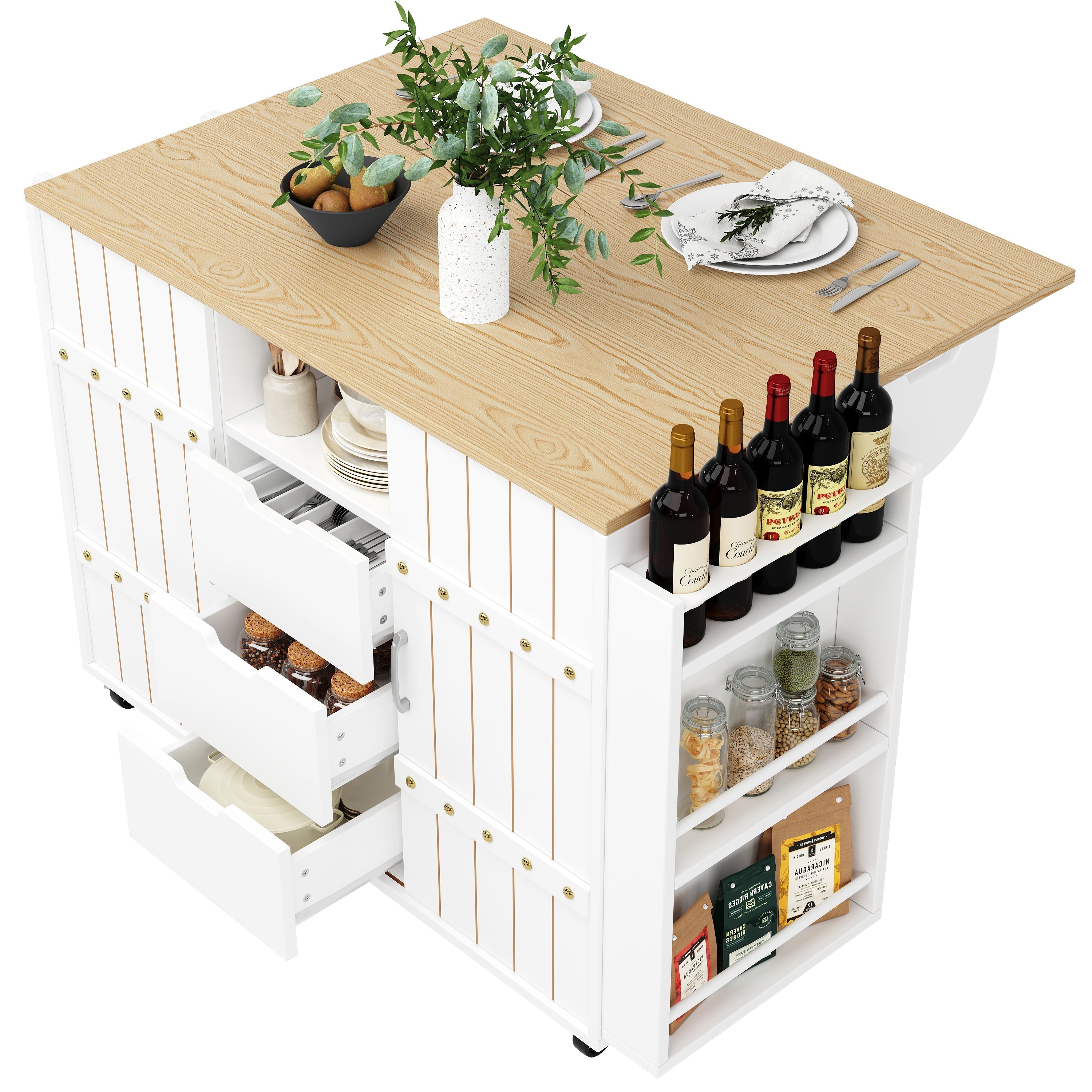 Kitchen Island Serving Cart with Wheels, Worktop, Sliding Doors & Drawers - White
