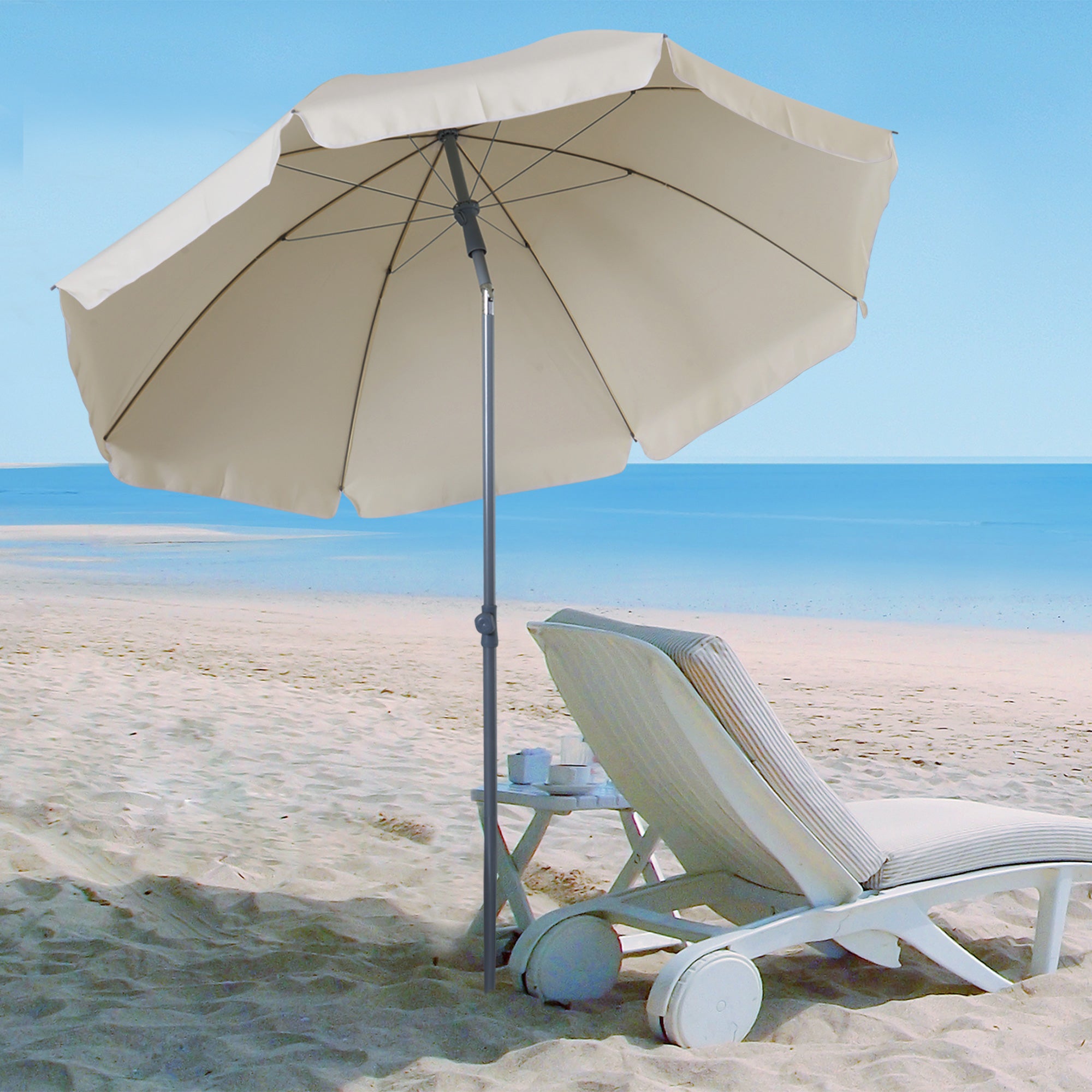 2.2m Beach Umbrella Portable Parasol Tilting Function 8 Ribs, Cream White