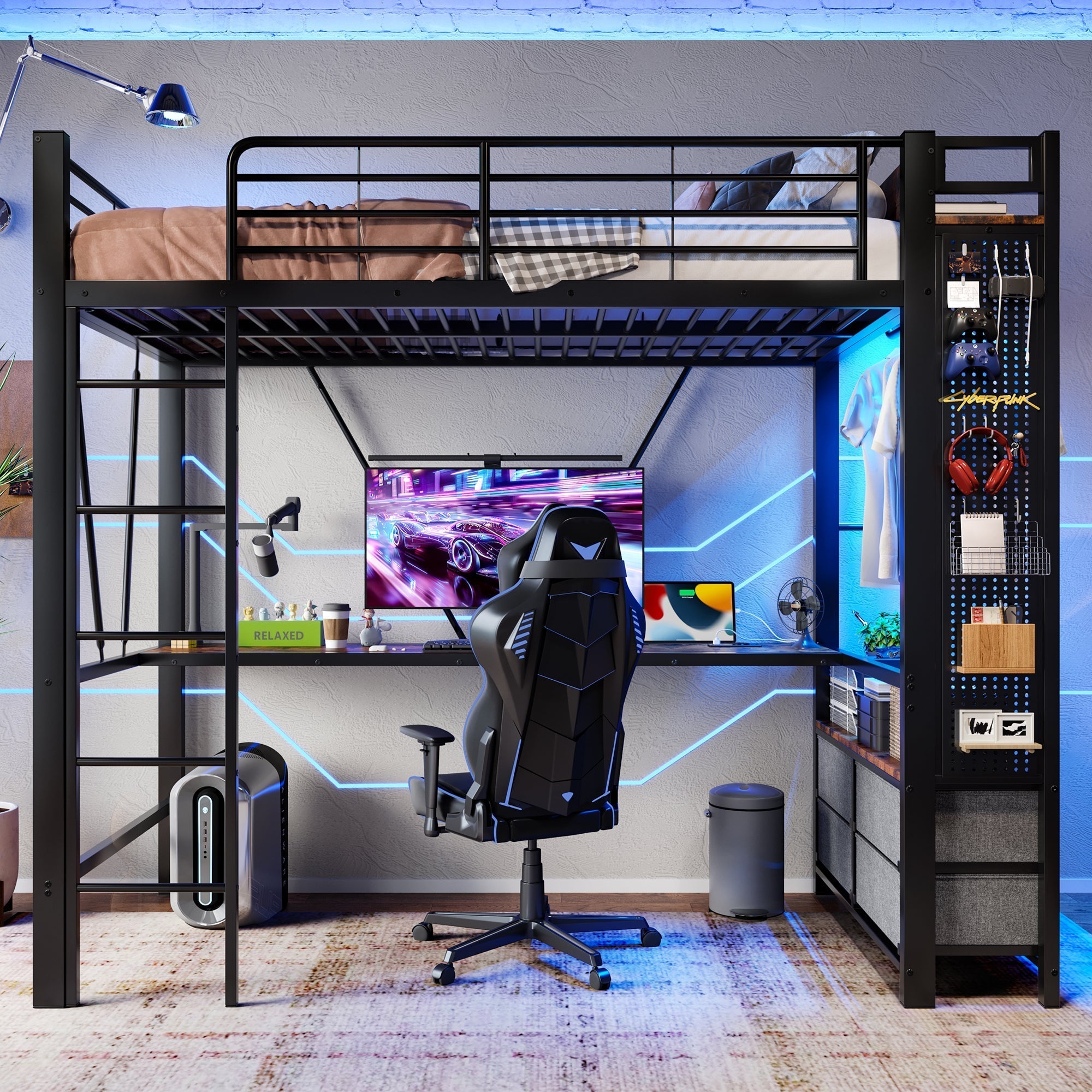 Loft Bed 90x200cm with Desk, Drying Rack, Storage, USB/Type-C & LED - Black Iron Frame