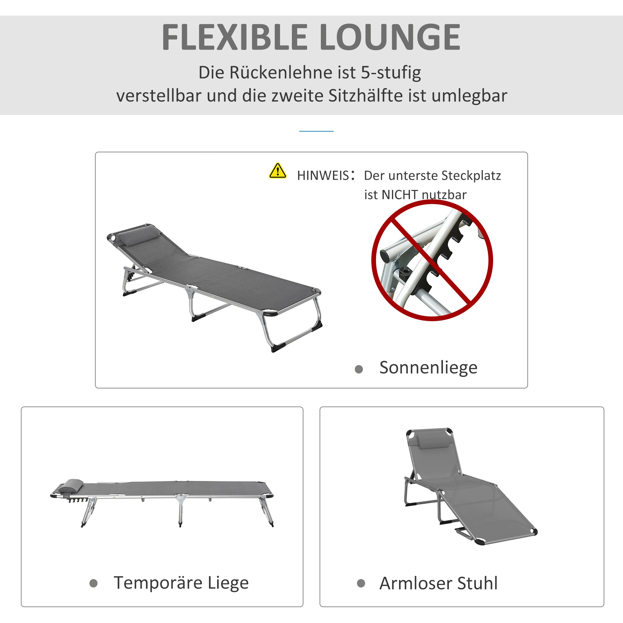 Sun Lounger 5-Way Adjustable Foldable Ergonomic Aluminum Mesh Fabric Grey