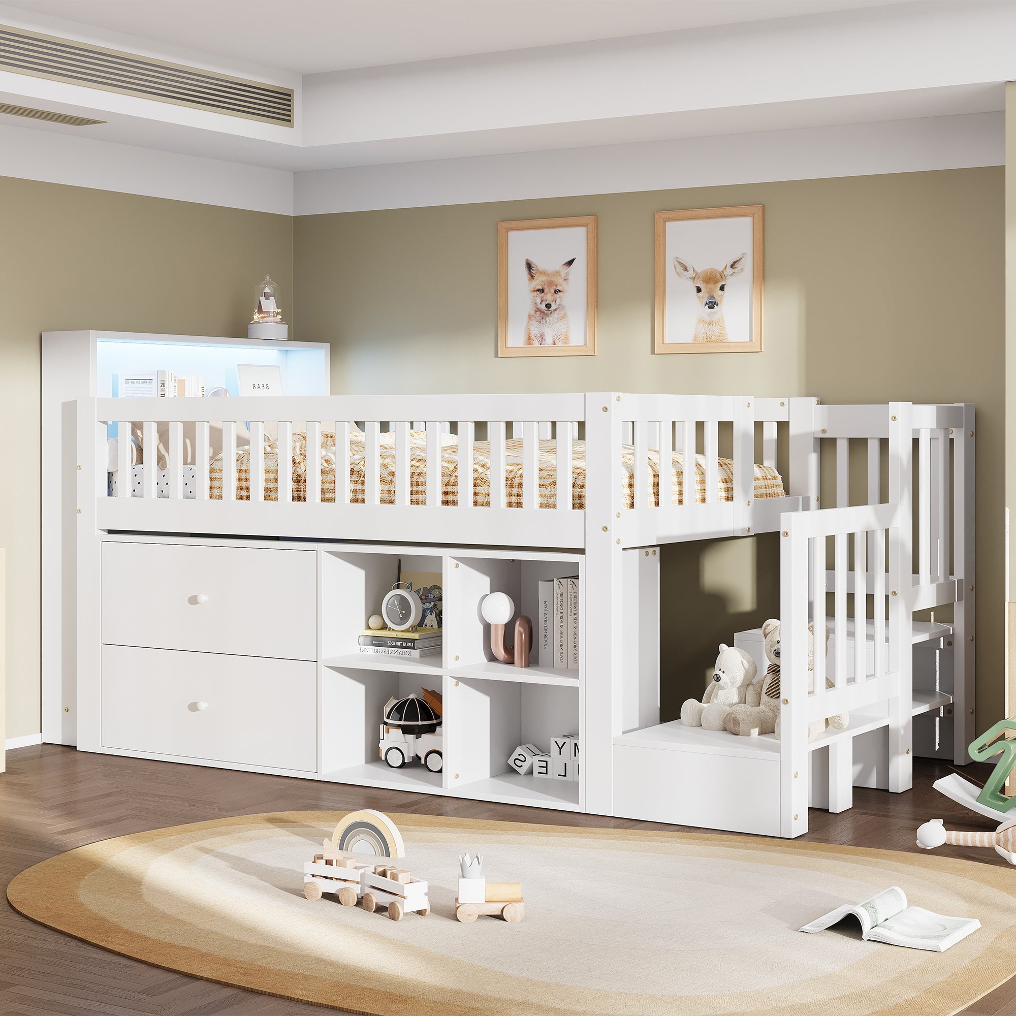 Wooden Bed Storage Bed, 3ft Single with LED Lights and Drawers, White Pine+MDF+Plywood