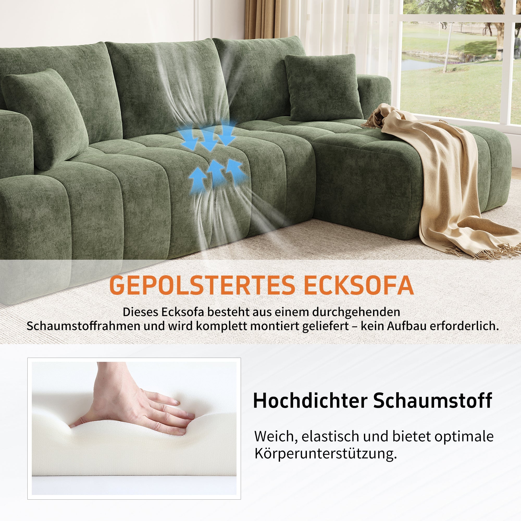 Modular L-shaped Cloud Sofa, Frameless Low-profile Design, Green Chenille Fabric