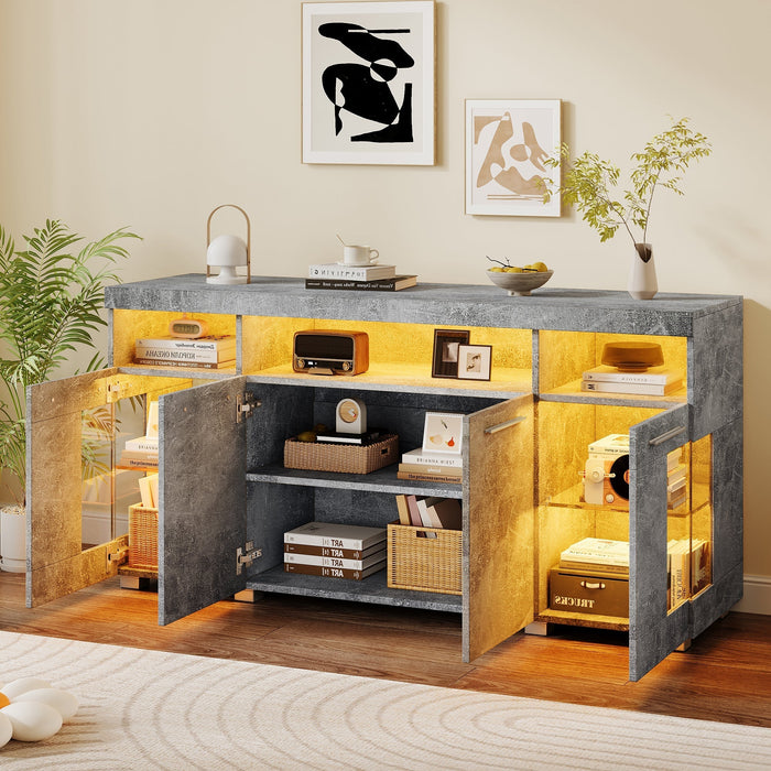 Sideboard Cabinet High-Gloss LED Light Tempered Glass 3 Compartments, Cement-colored