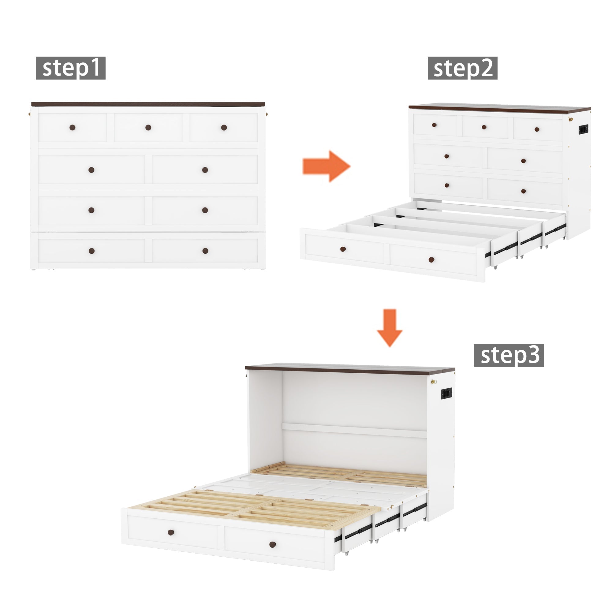 Mobile Wall Bed 140x200cm Convertible Storage Drawers Shelf USB Outlet - White