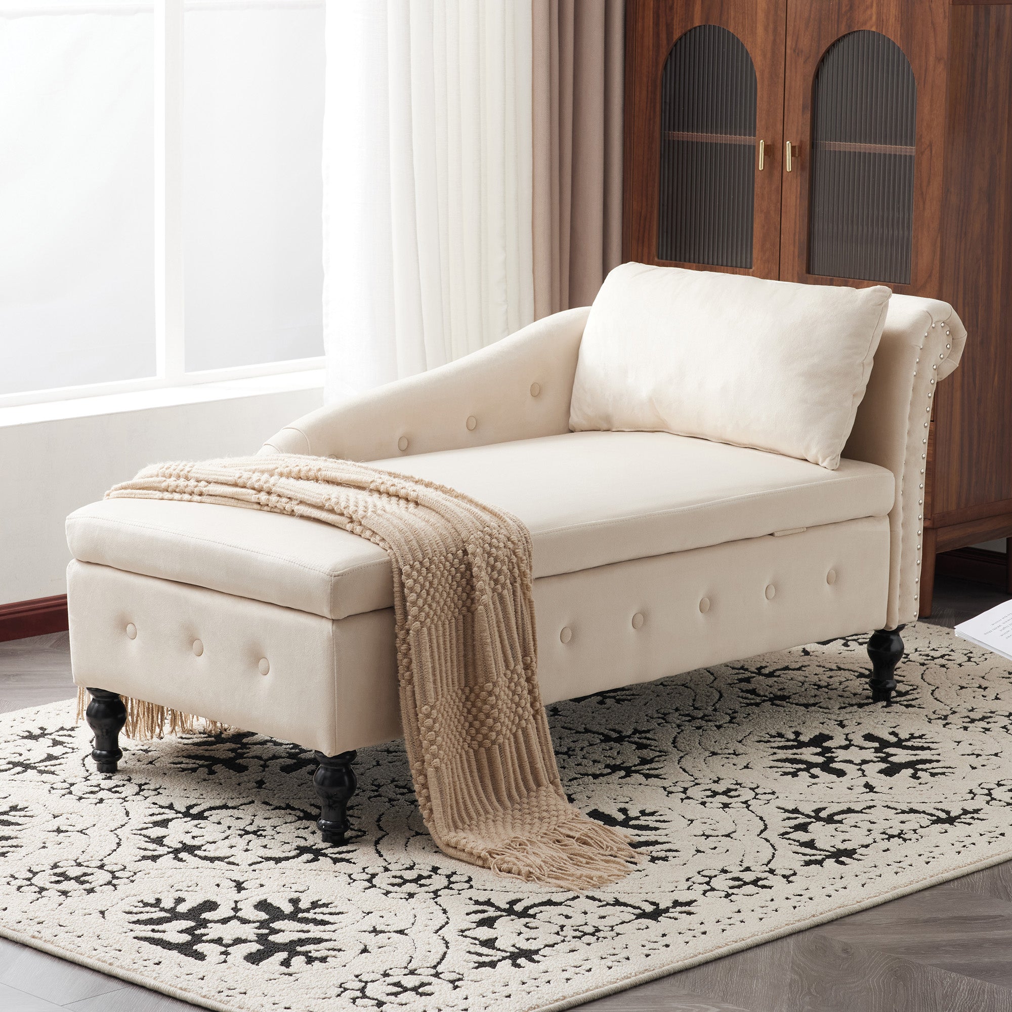 Velvet Chaise Lounge Sofa with Storage, Upholstered Chaise Lounge Couch with Pillow, Right Armrest, Velvet